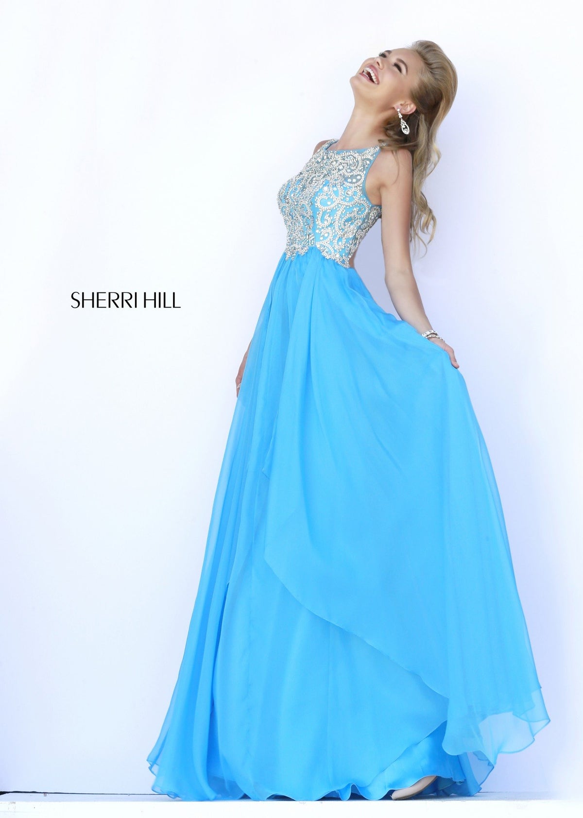 Sherri Hill 5203 beaded bodice chiffon gown in blue