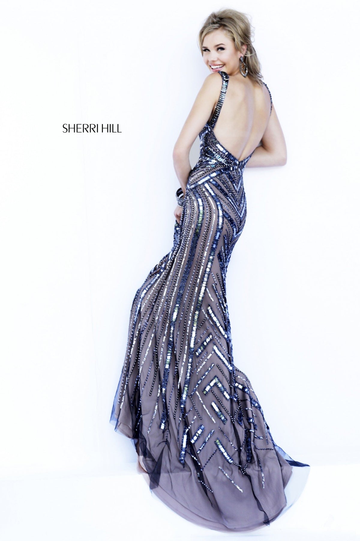 Sherri Hill 6301 beaded mermaid gown in gunmetal/nude