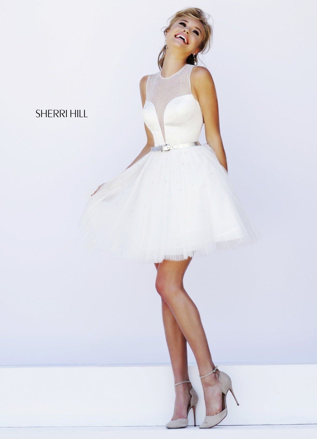 Sherri Hill 32204 cocktail dress with tulle skirt in ivory
