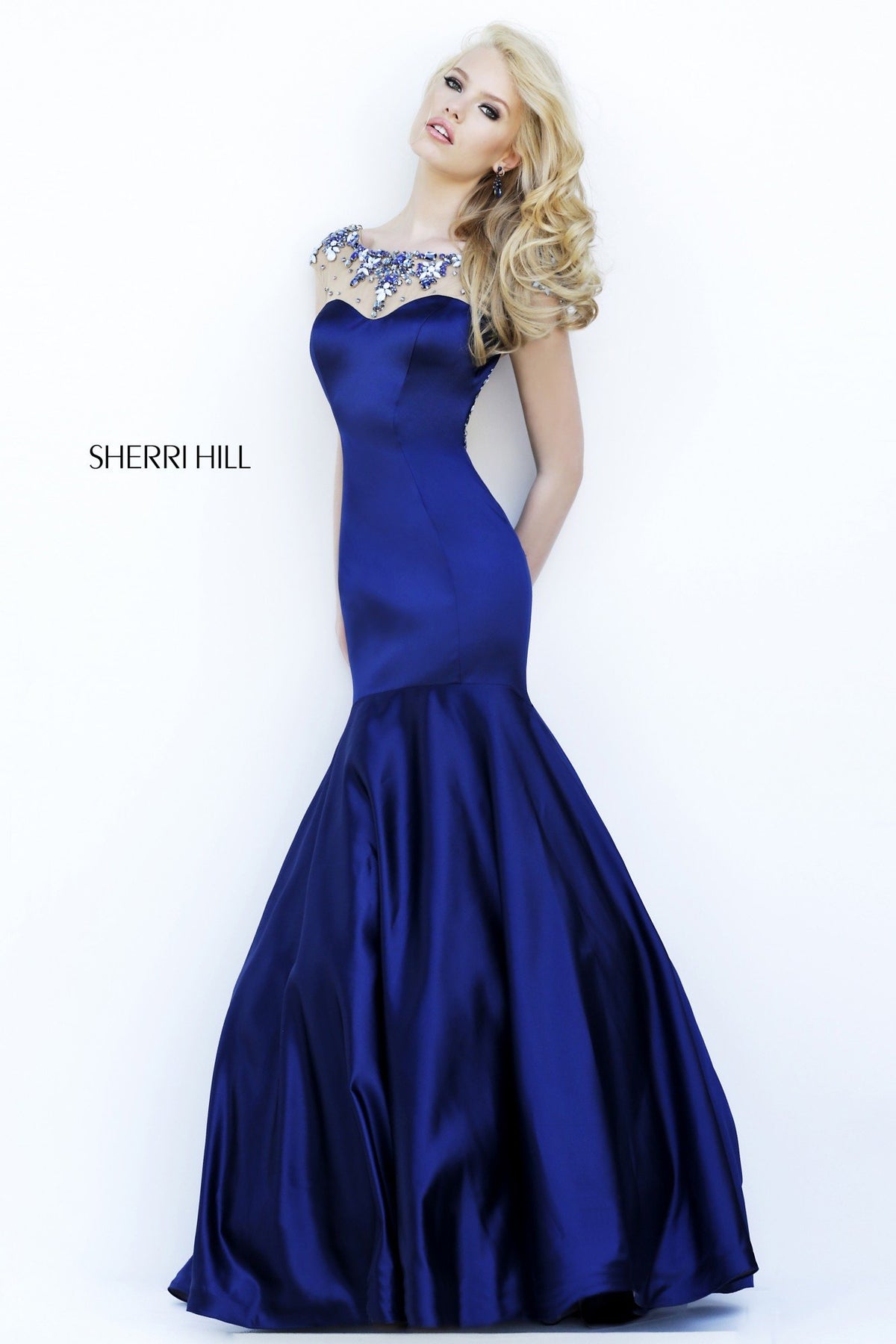 Sherri Hill 32224 satin mermaid gown with beaded neckline in navy