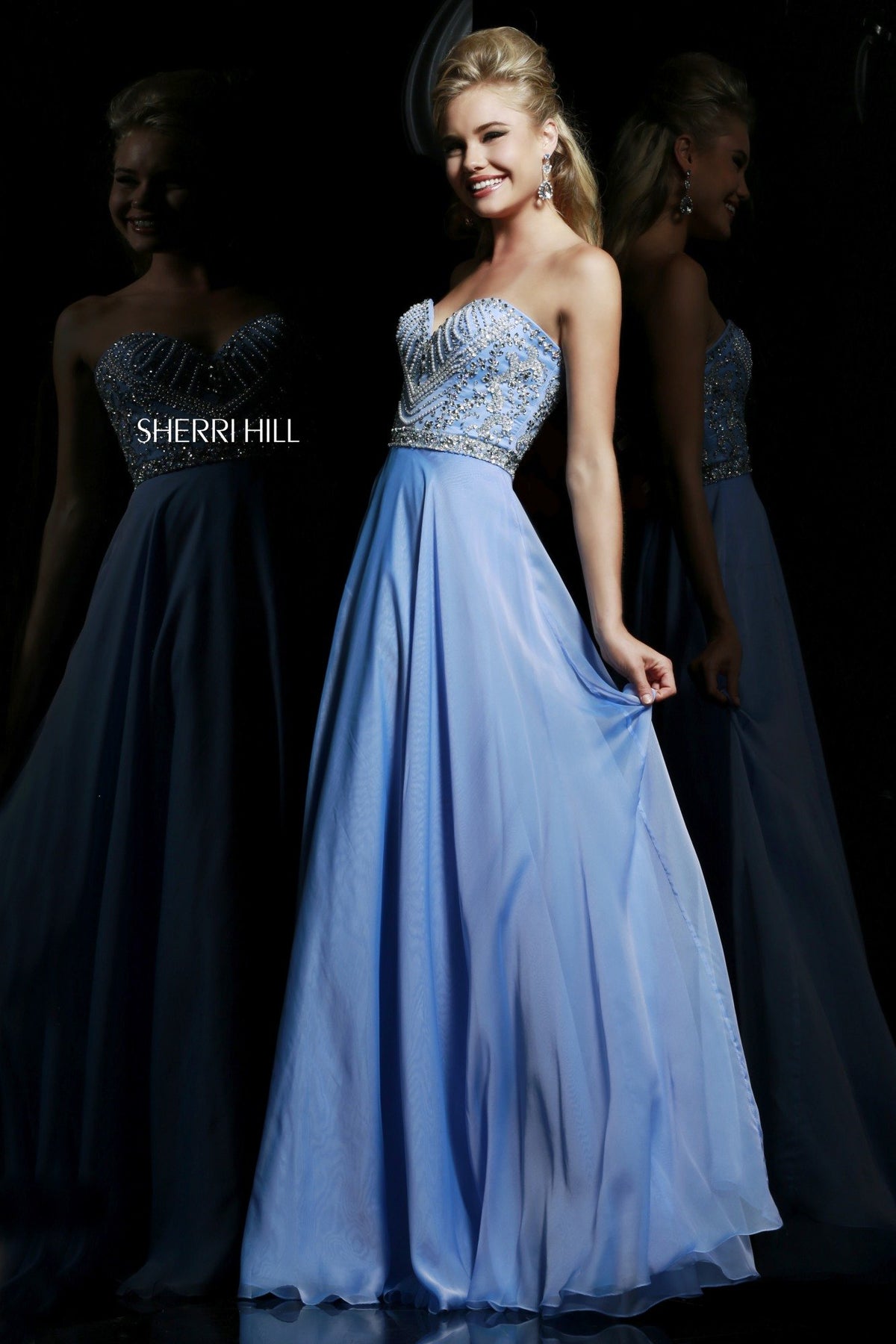Sherri Hill 1944 strapless chiffon gown with beaded bodice in periwinkle