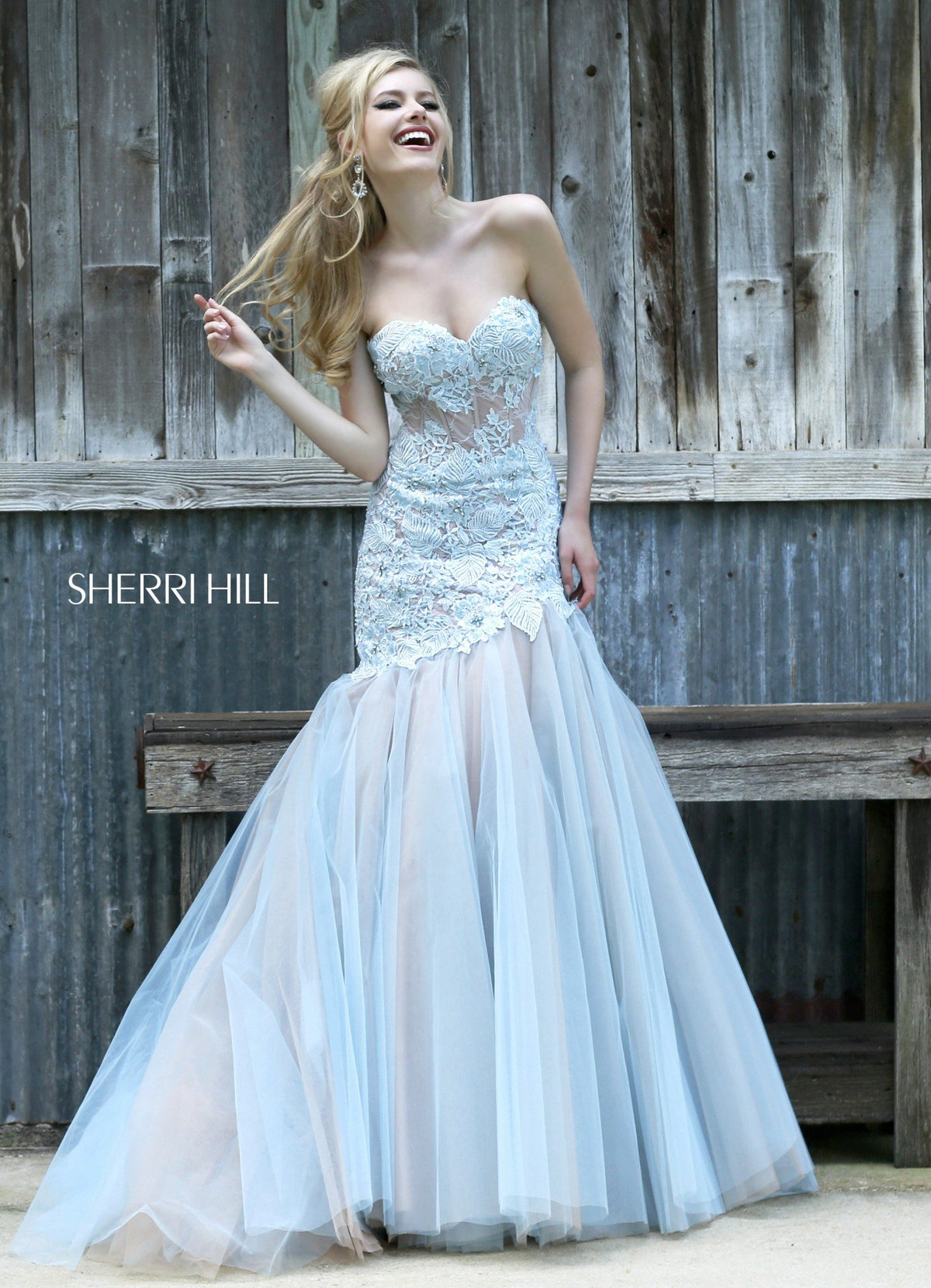 Sherri Hill 11155 strapless mermaid gown in blue/nude