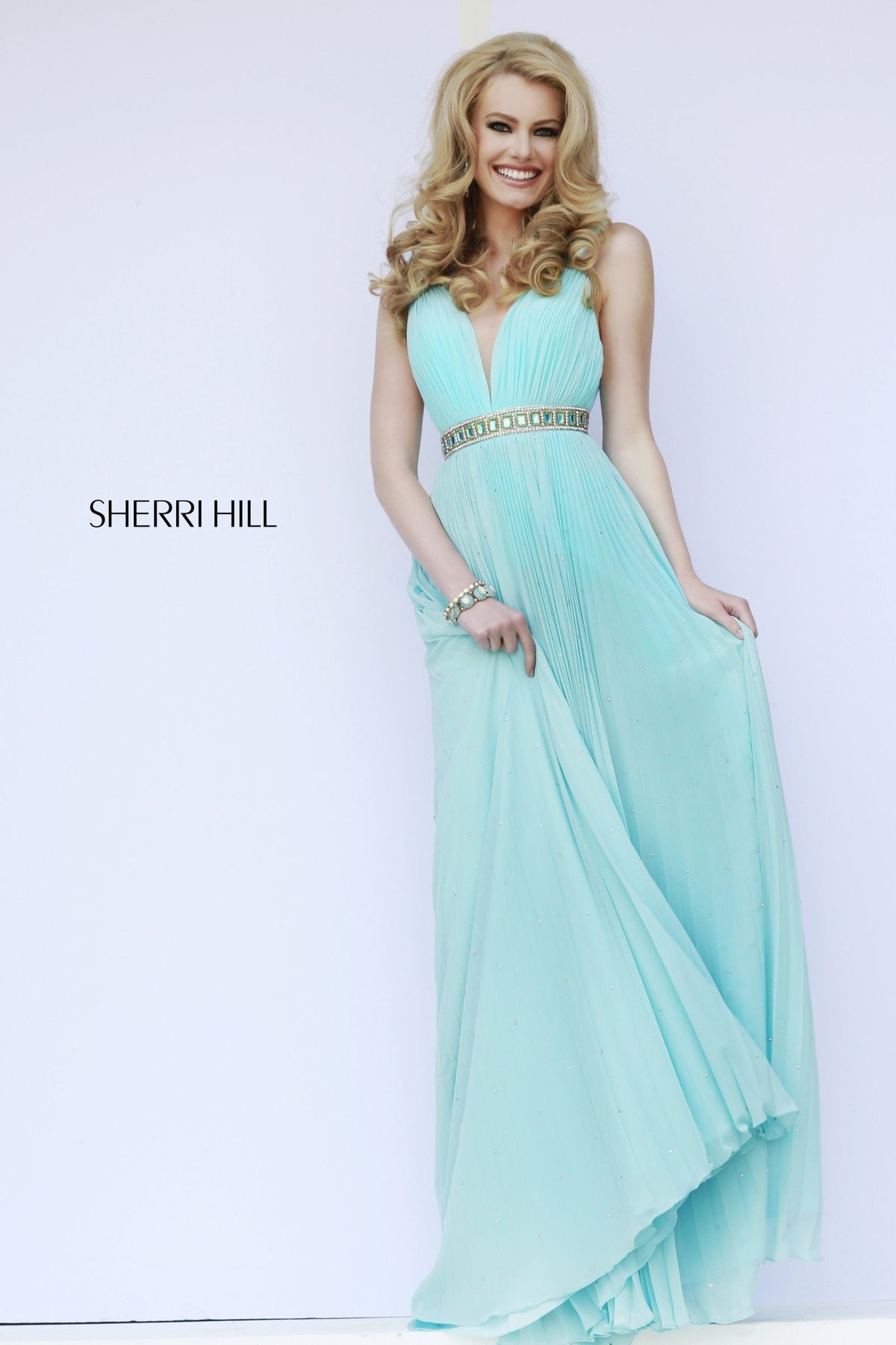 Sherri Hill 11222 V-neck pleated chiffon gown with beaded waist in aqua
