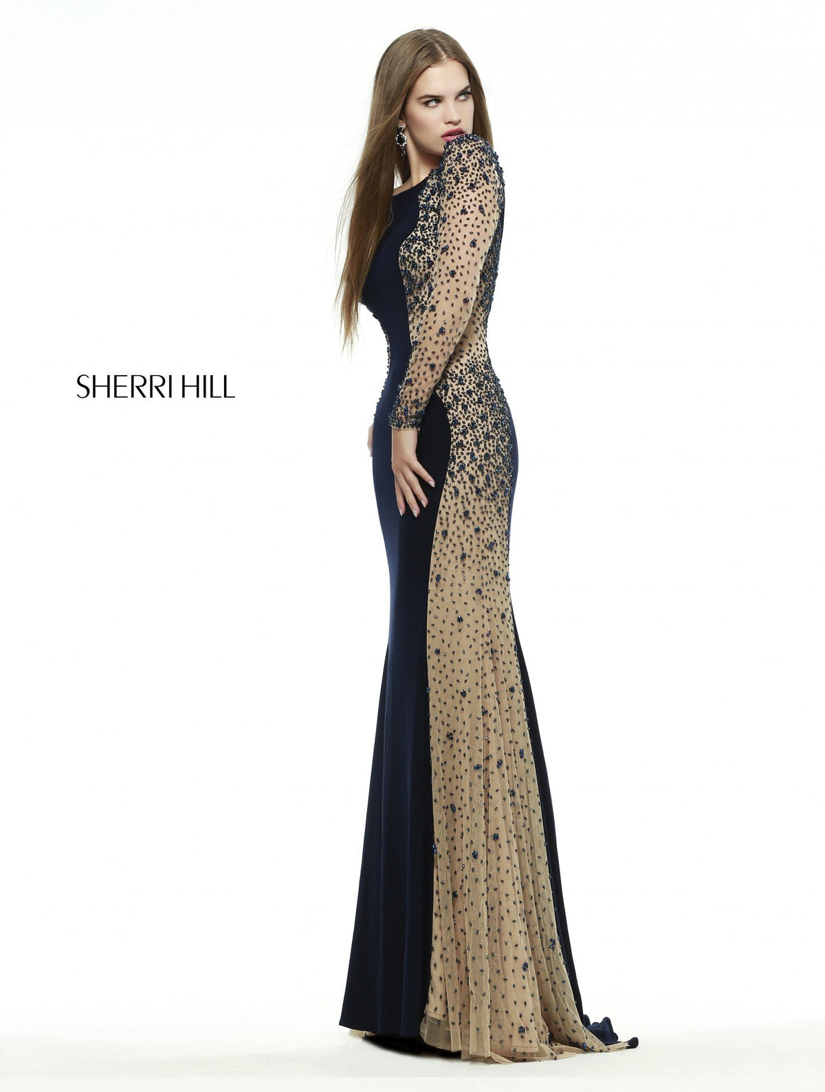 Sherri Hill 32096 fitted jersey gown with sheer cutouts in navy/nude