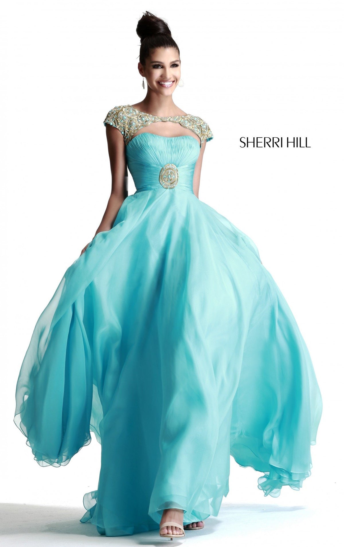Sherri Hill 11193 cap-sleeve chiffon gown with beaded waist