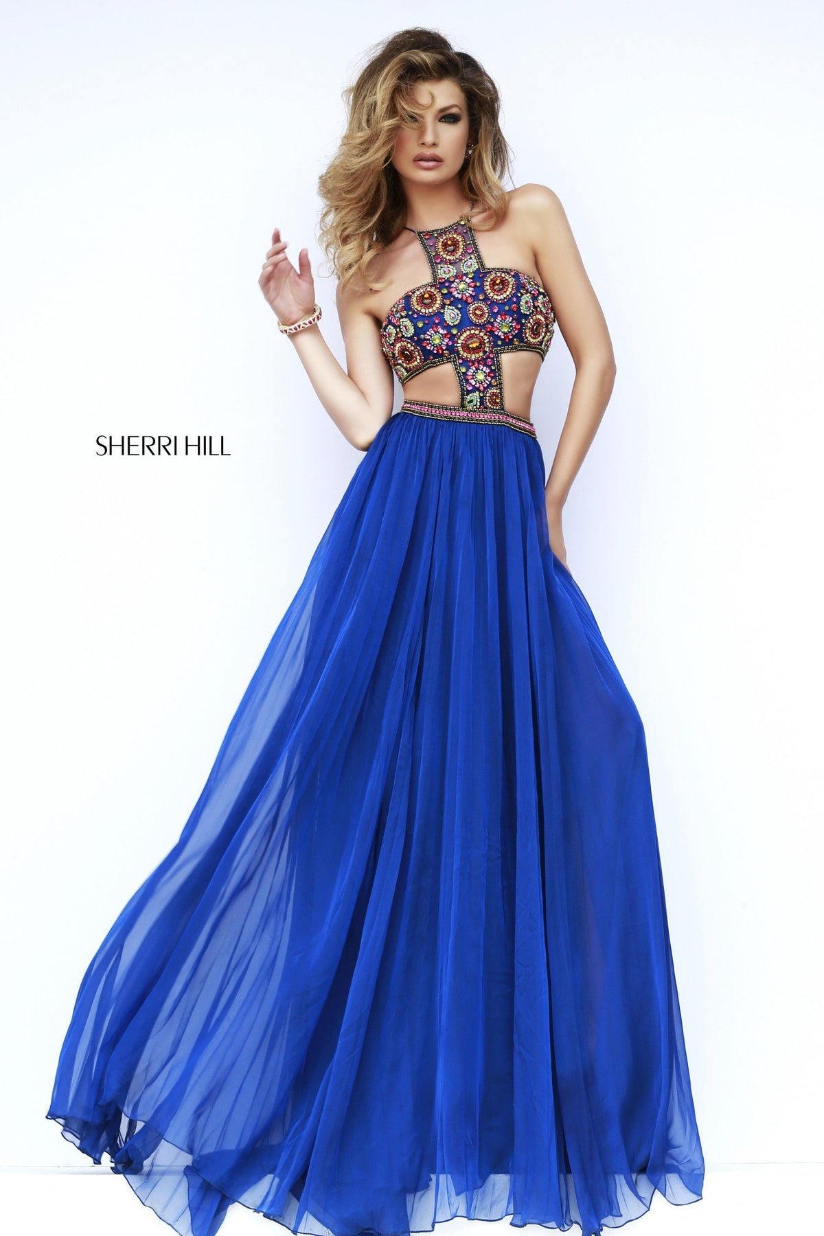 Sherri Hill 11206 halter beaded bodice gown with cutouts