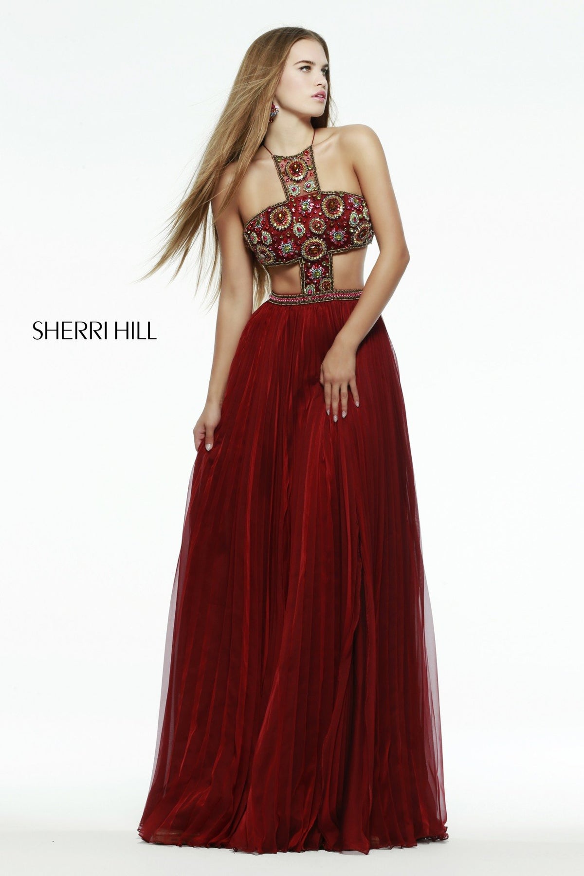 Sherri Hill 11206 halter beaded bodice gown with cutouts