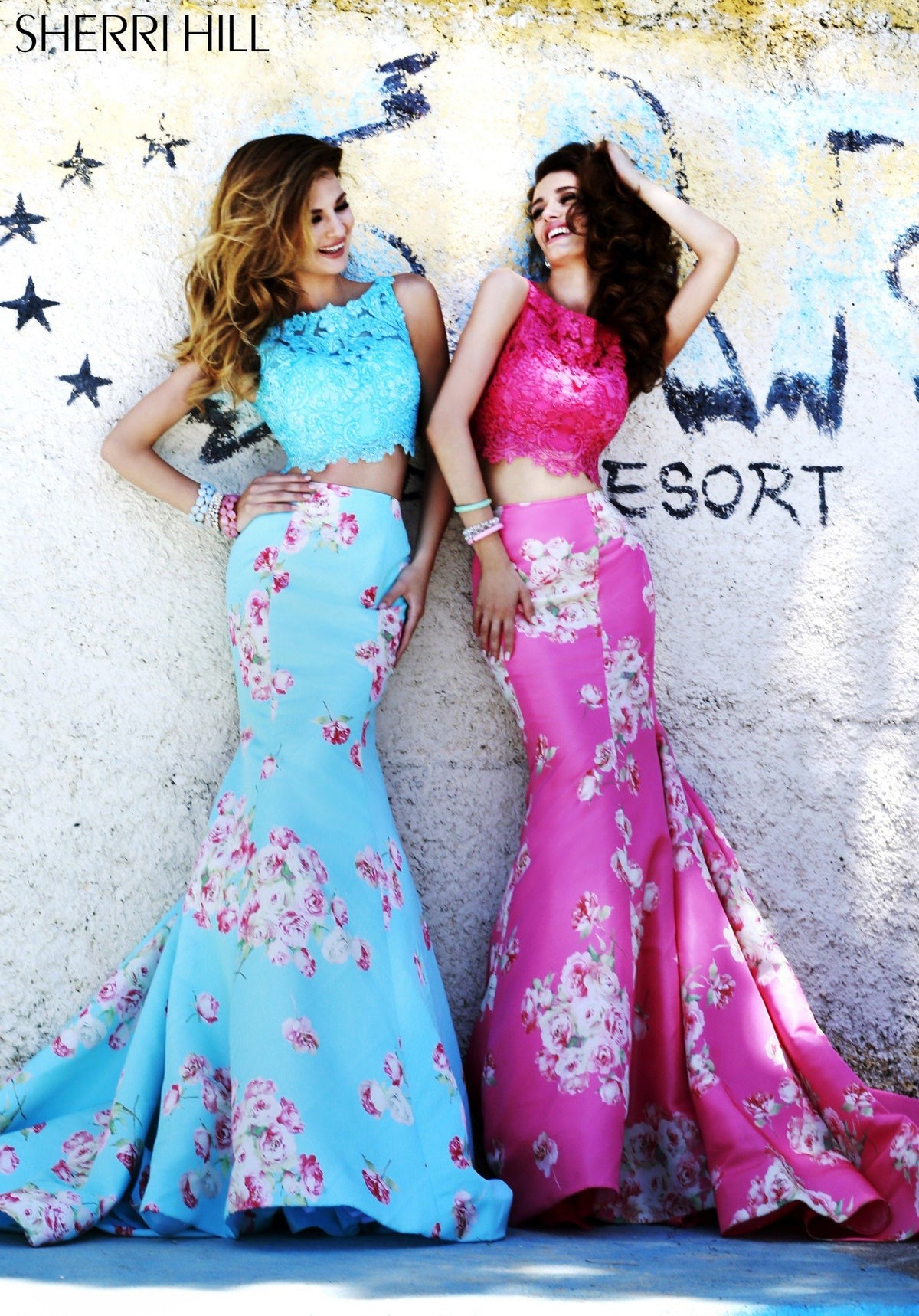 Sherri Hill 32073 two-piece print high-low gown in light blue print