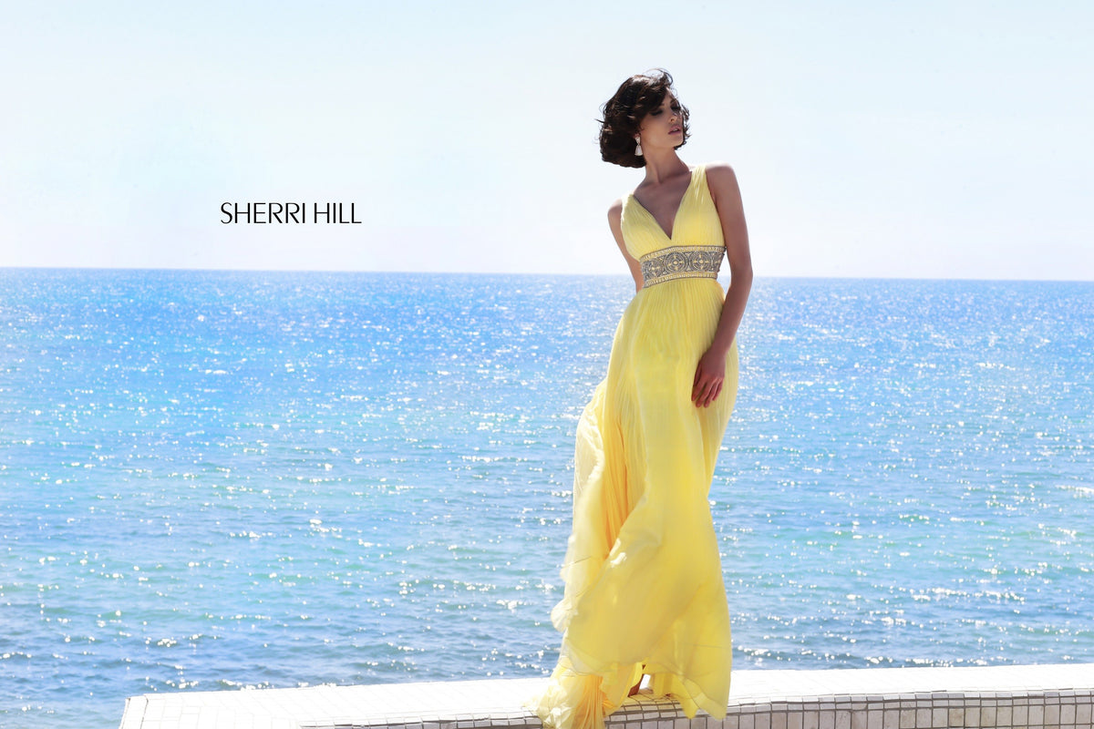 Sherri Hill 11189 V-neck chiffon gown with beaded waist in yellow