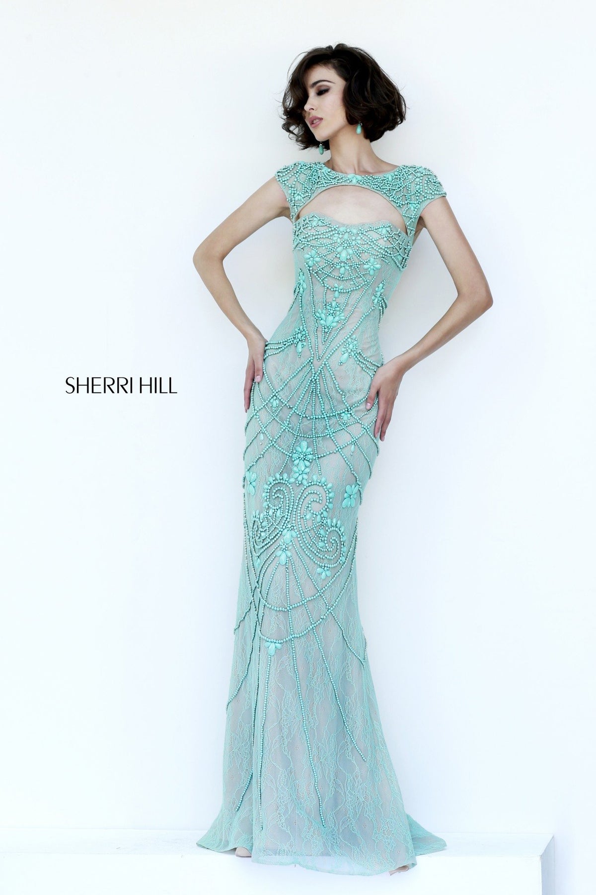 Sherri Hill 11180 beaded fitted gown in aqua/nude