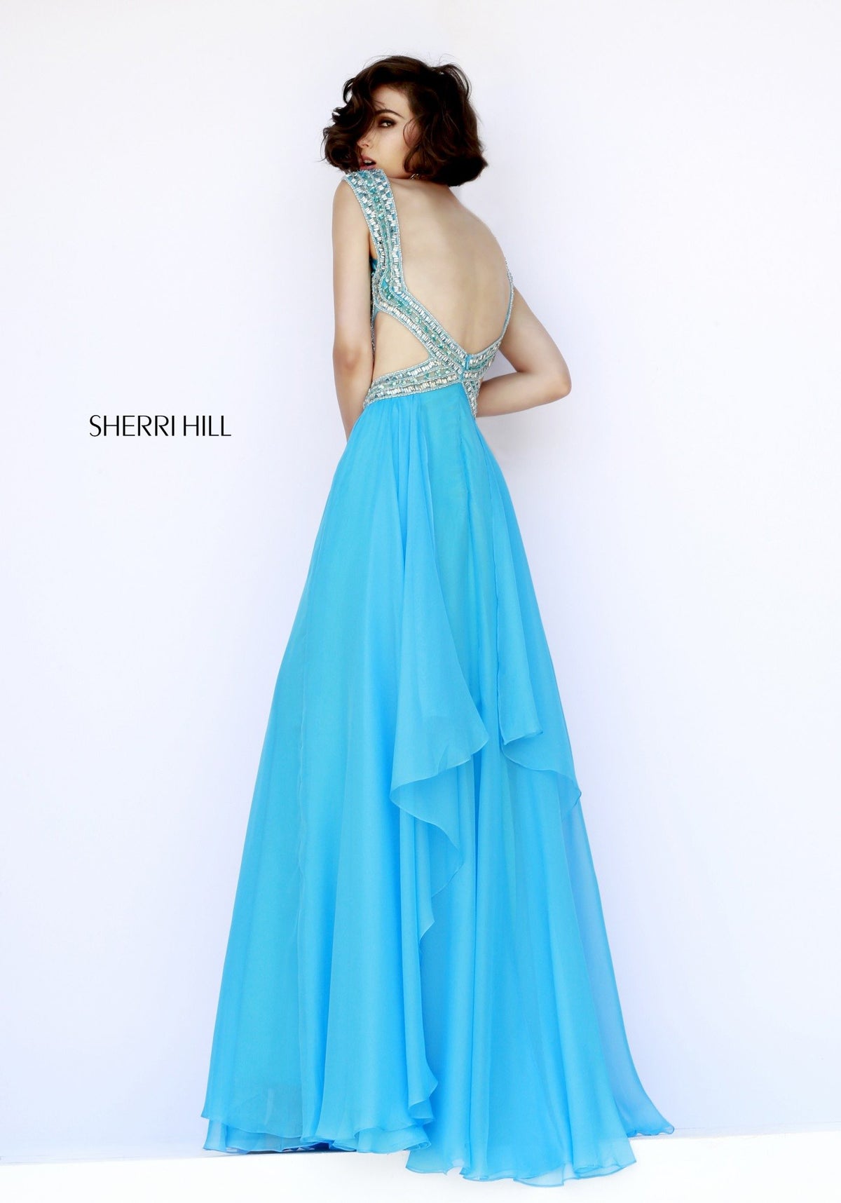 Sherri Hill 9728 strapless chiffon gown with beaded waist