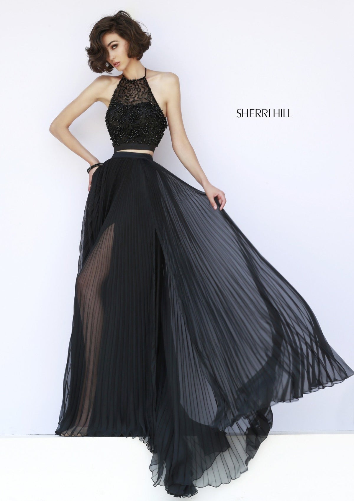 Sherri Hill 32109 two-piece chiffon gown with halter crop top