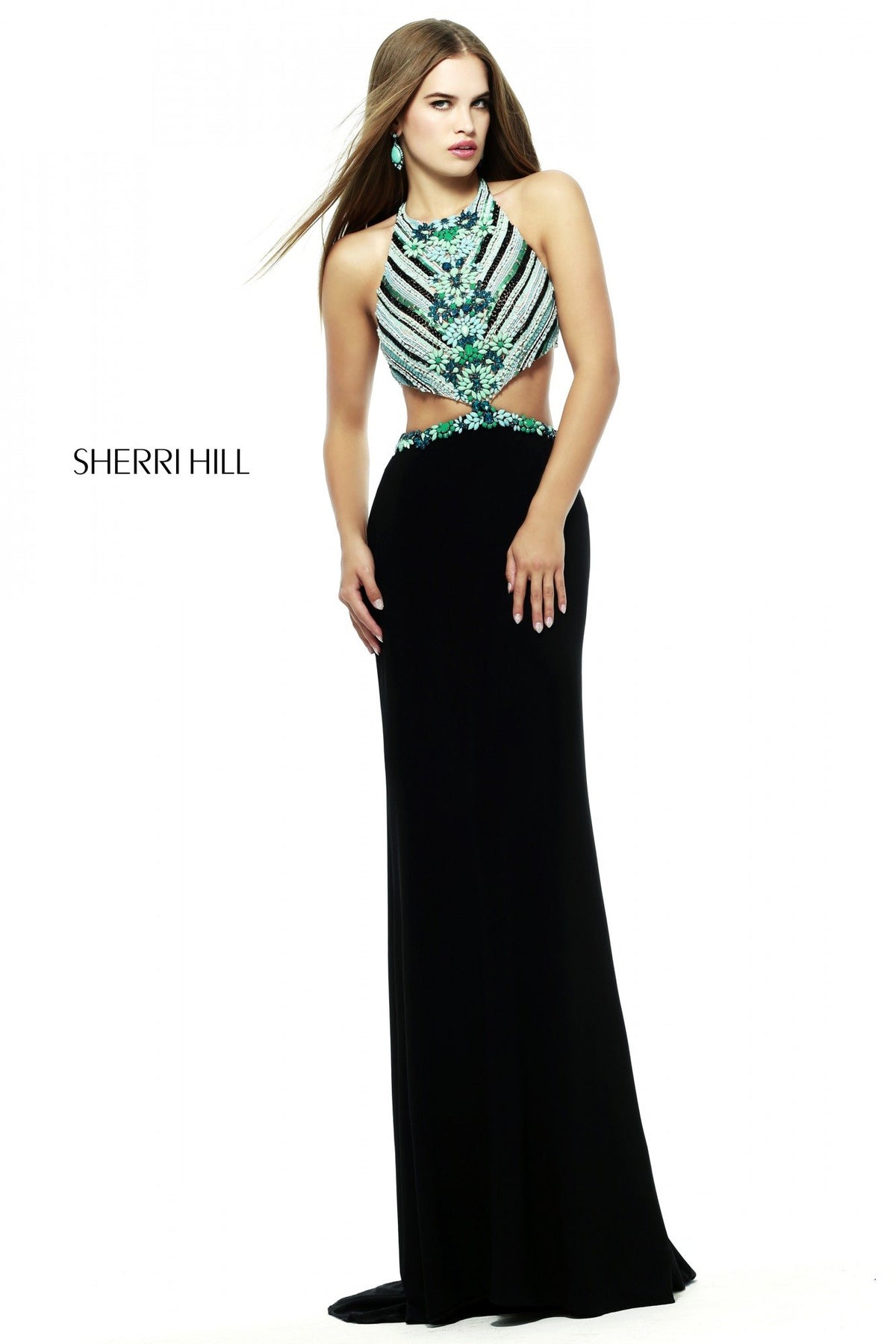 Sherri Hill 11203 halter fitted gown with beaded bodice in black/multi