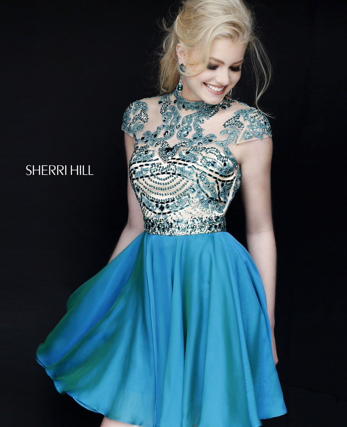 Sherri Hill 1938 cap-sleeve beaded chiffon cocktail dress in teal