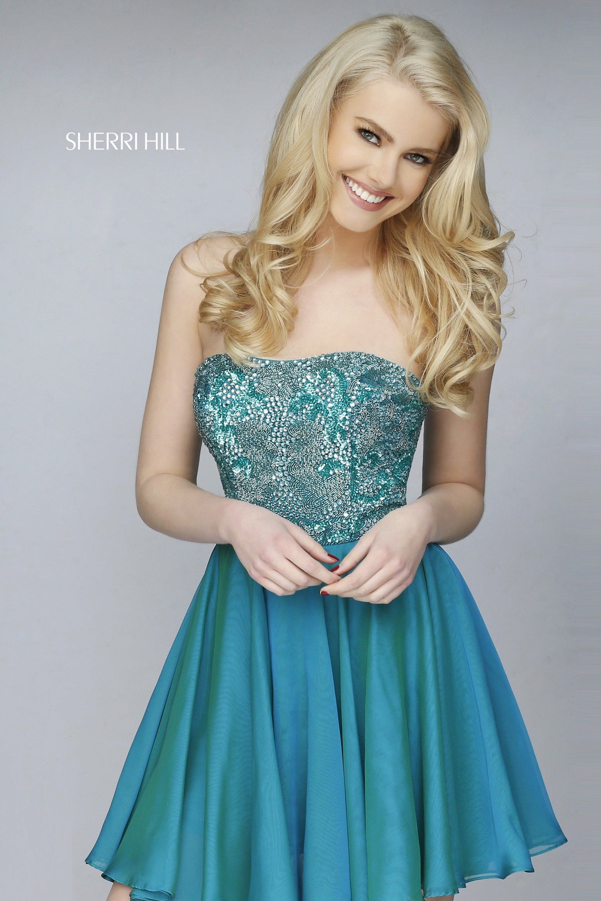Sherri Hill 1954 strapless beaded chiffon cocktail dress