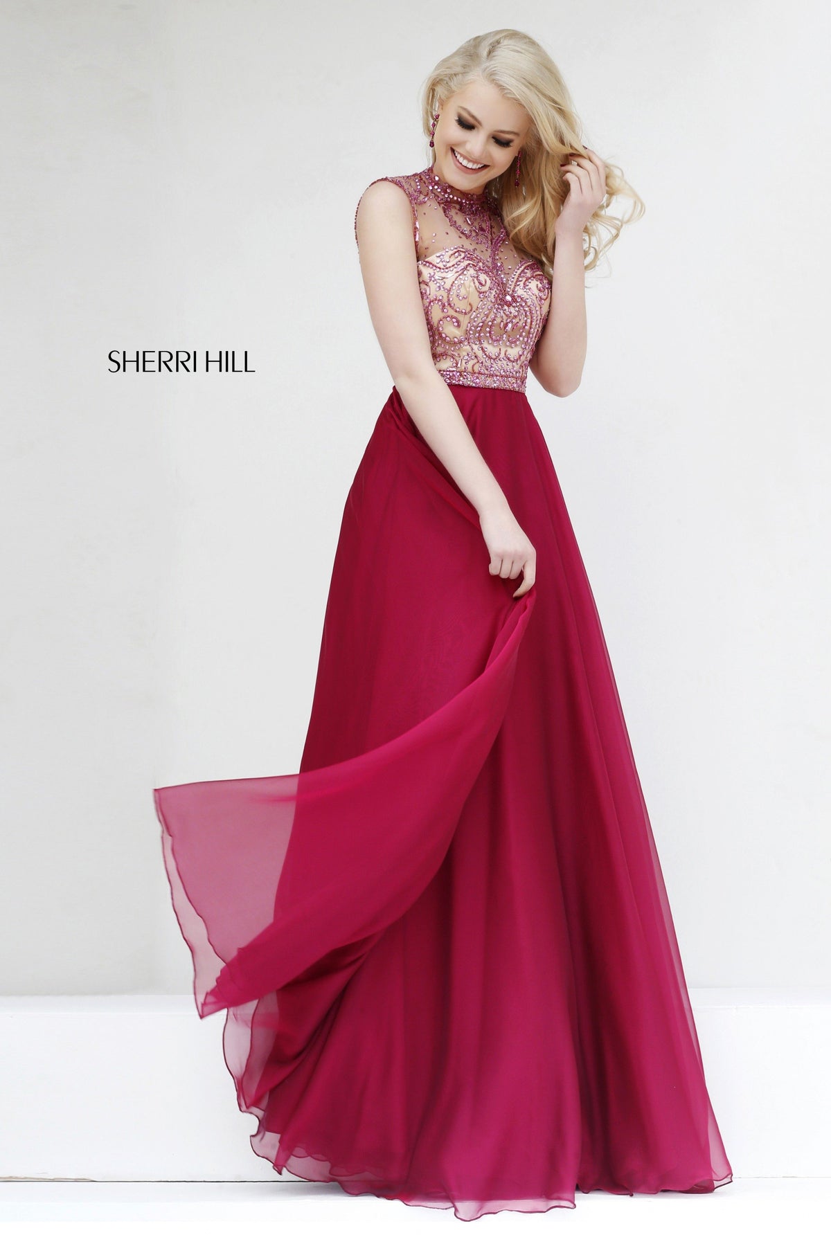 Sherri Hill 1962 high-neck beaded bodice chiffon gown in ruby