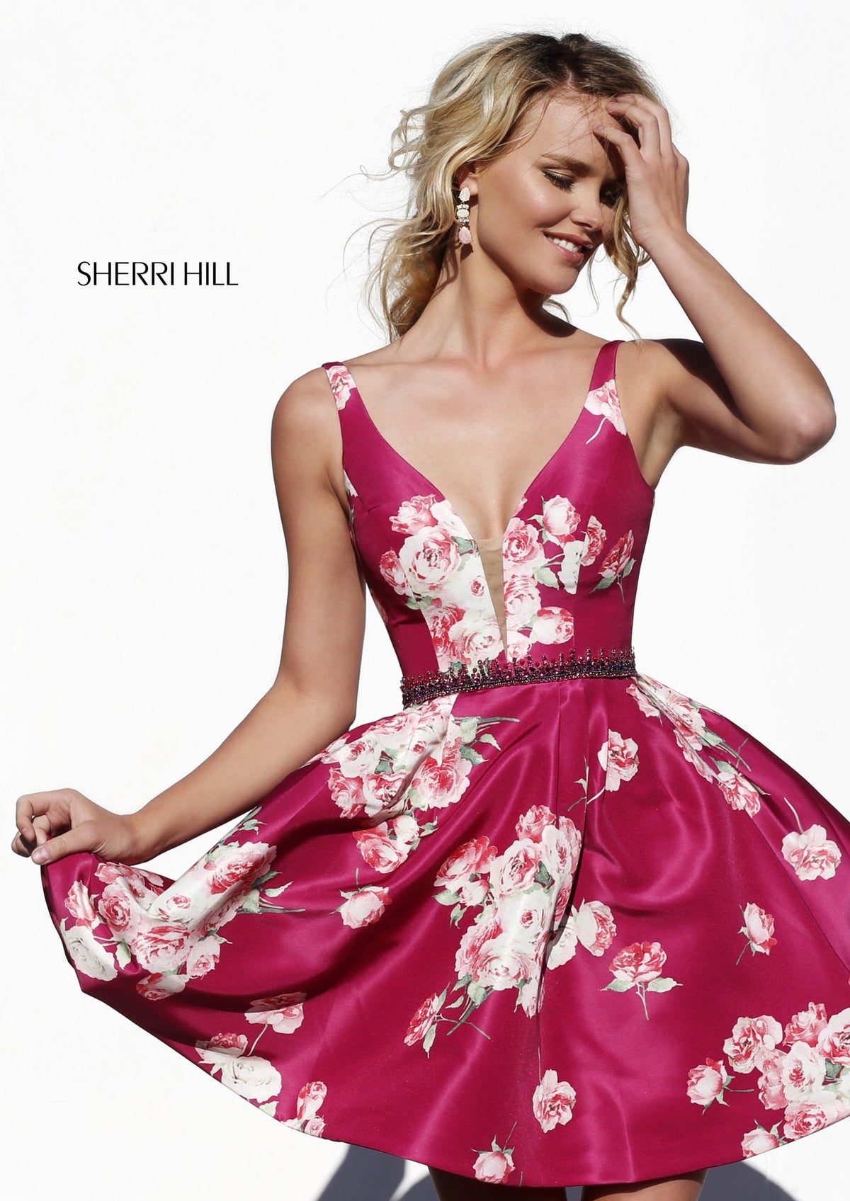 Sherri Hill 32321 V-neck floral print satin cocktail dress