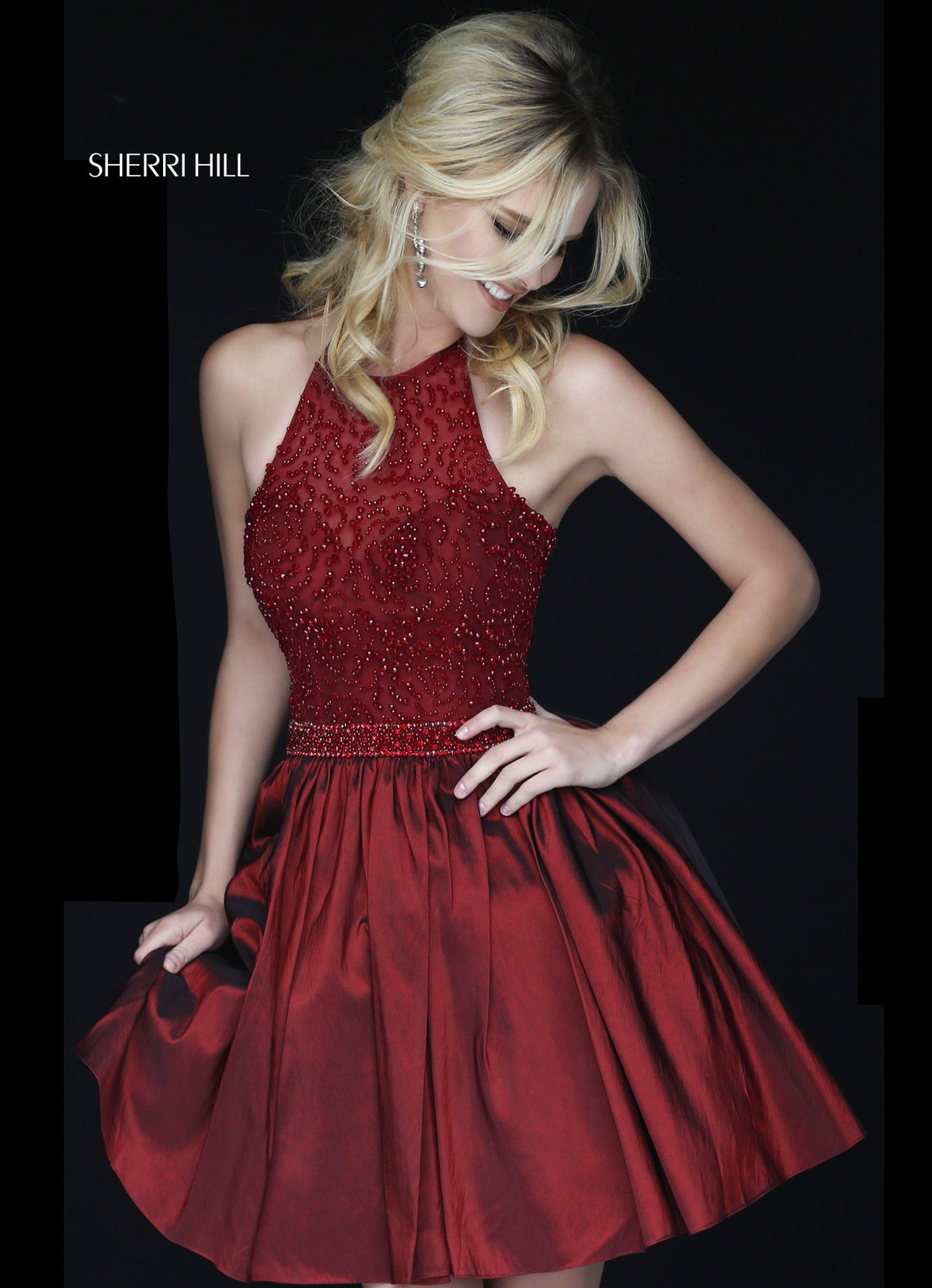Sherri Hill 32322 halter beaded bodice cocktail dress in dark red