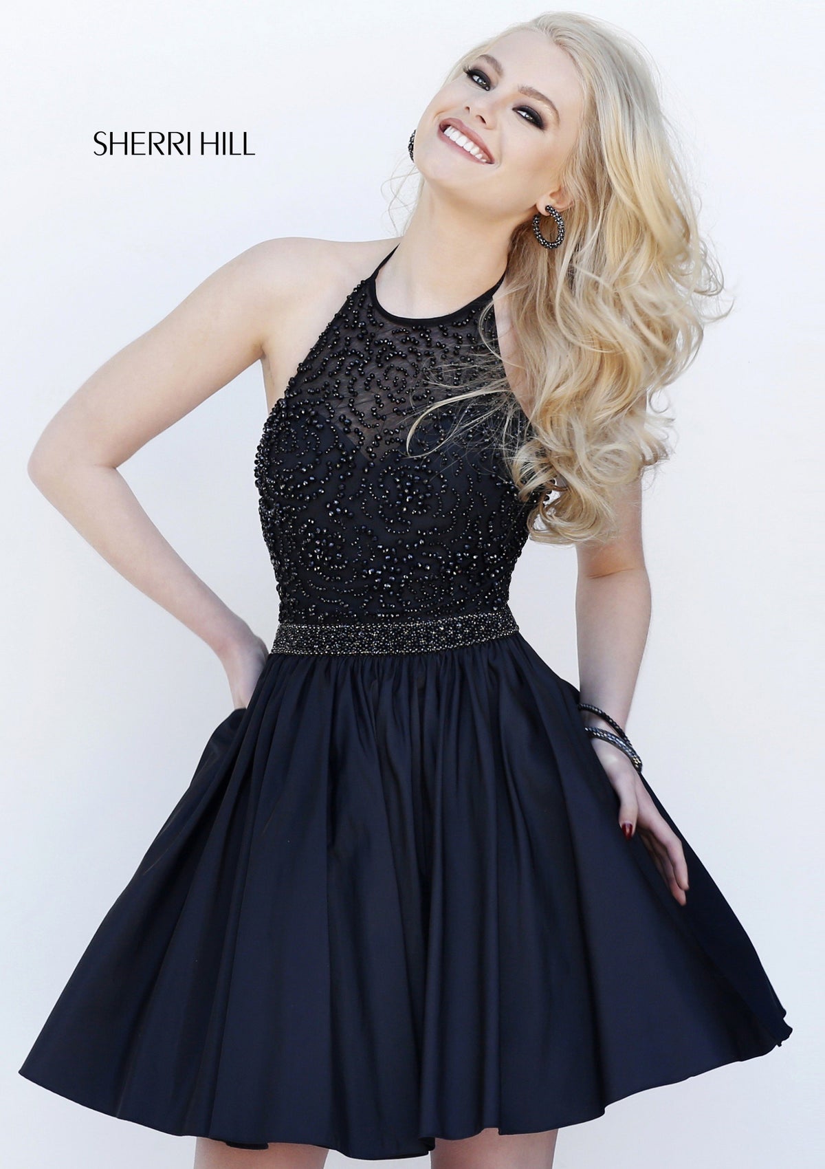 Sherri Hill 32322 halter beaded bodice cocktail dress in black