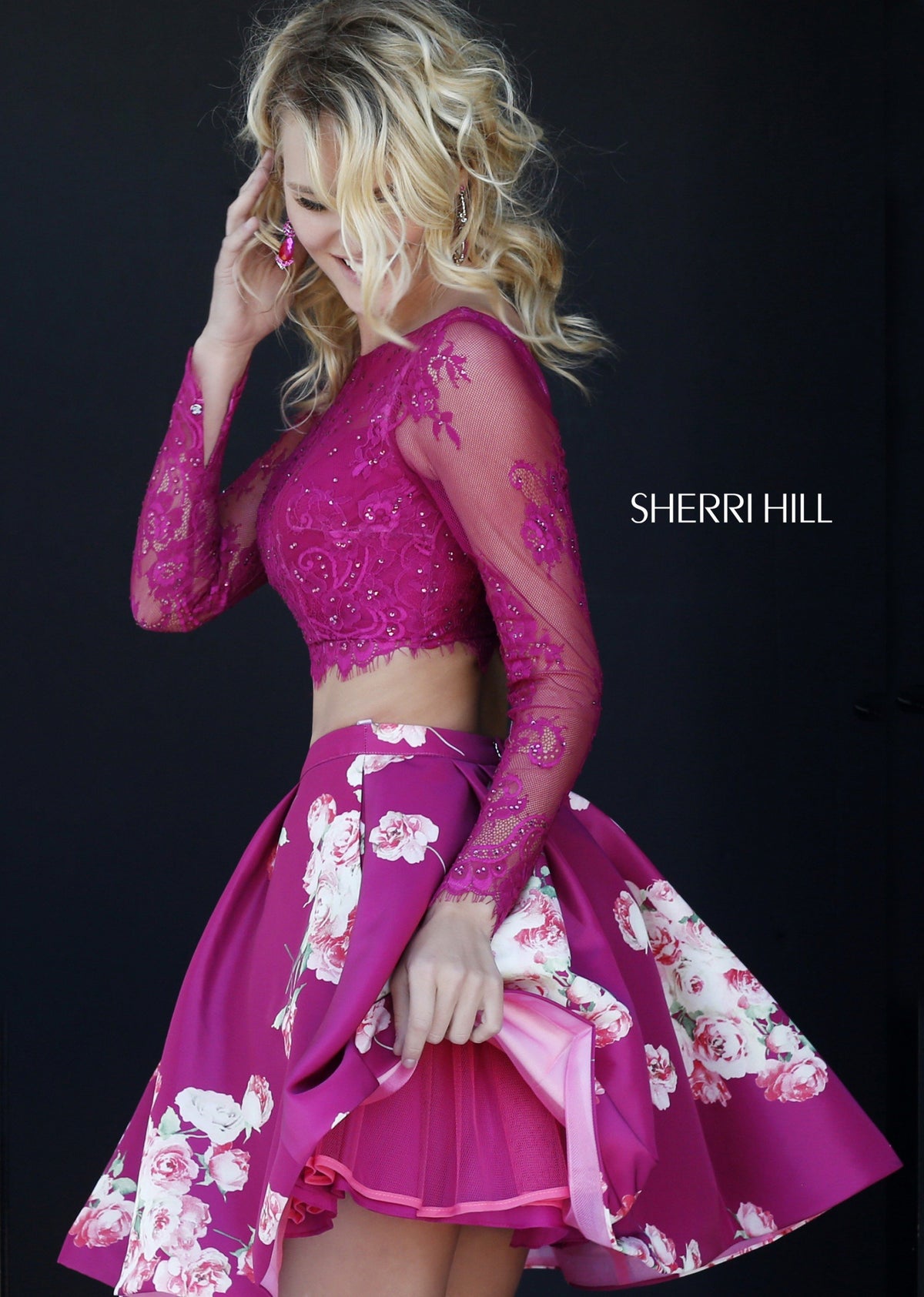 Sherri Hill 32323 two-piece lace cocktail dress with long sleeves