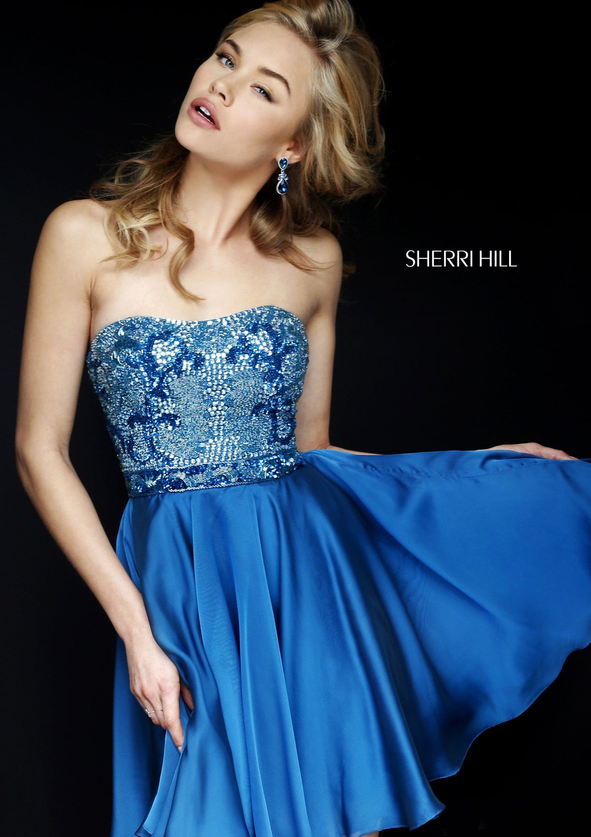 Sherri Hill 1954 strapless beaded chiffon cocktail dress in peacock