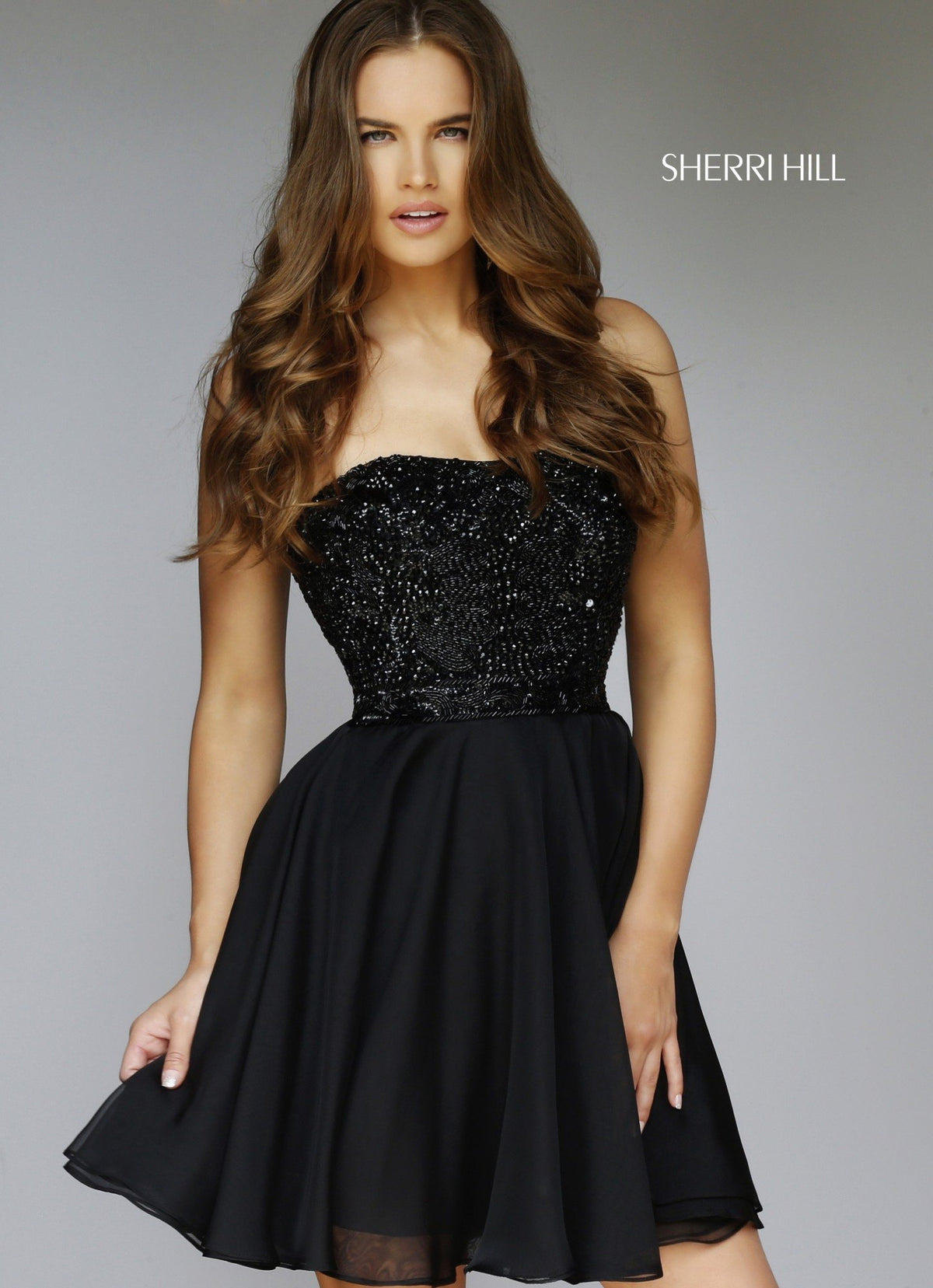 Sherri Hill 1954 strapless beaded chiffon cocktail dress