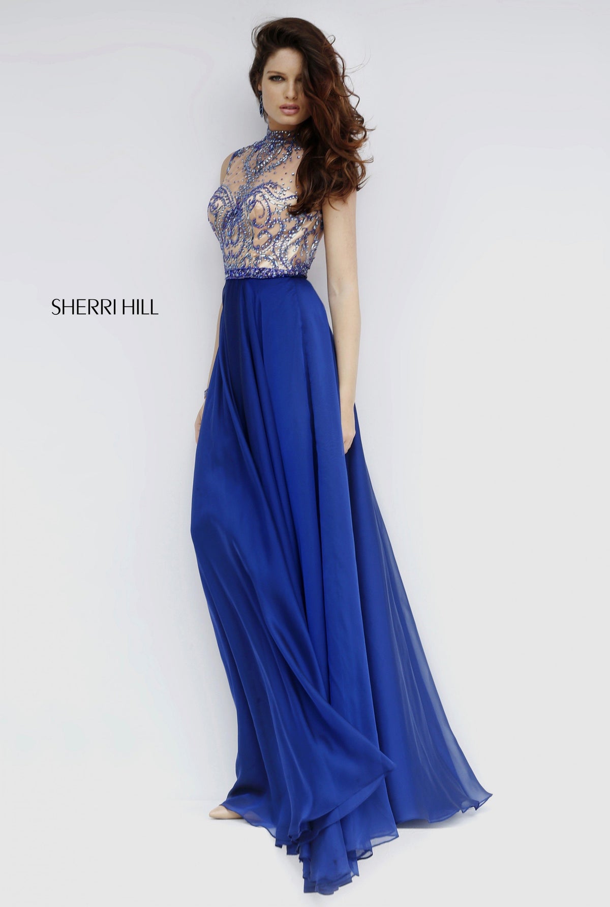 Sherri Hill 1962 high-neck beaded bodice chiffon gown in royal