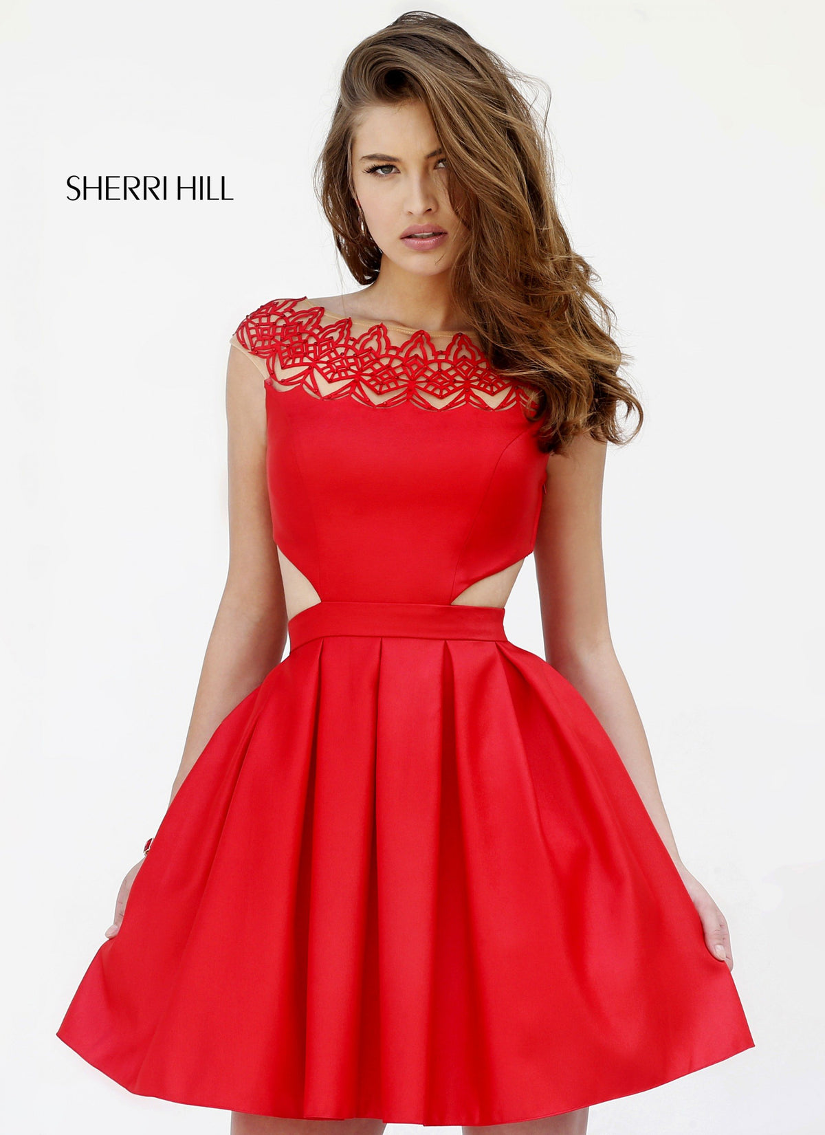 Sherri Hill 9756 lace bodice satin cocktail dress with cutouts