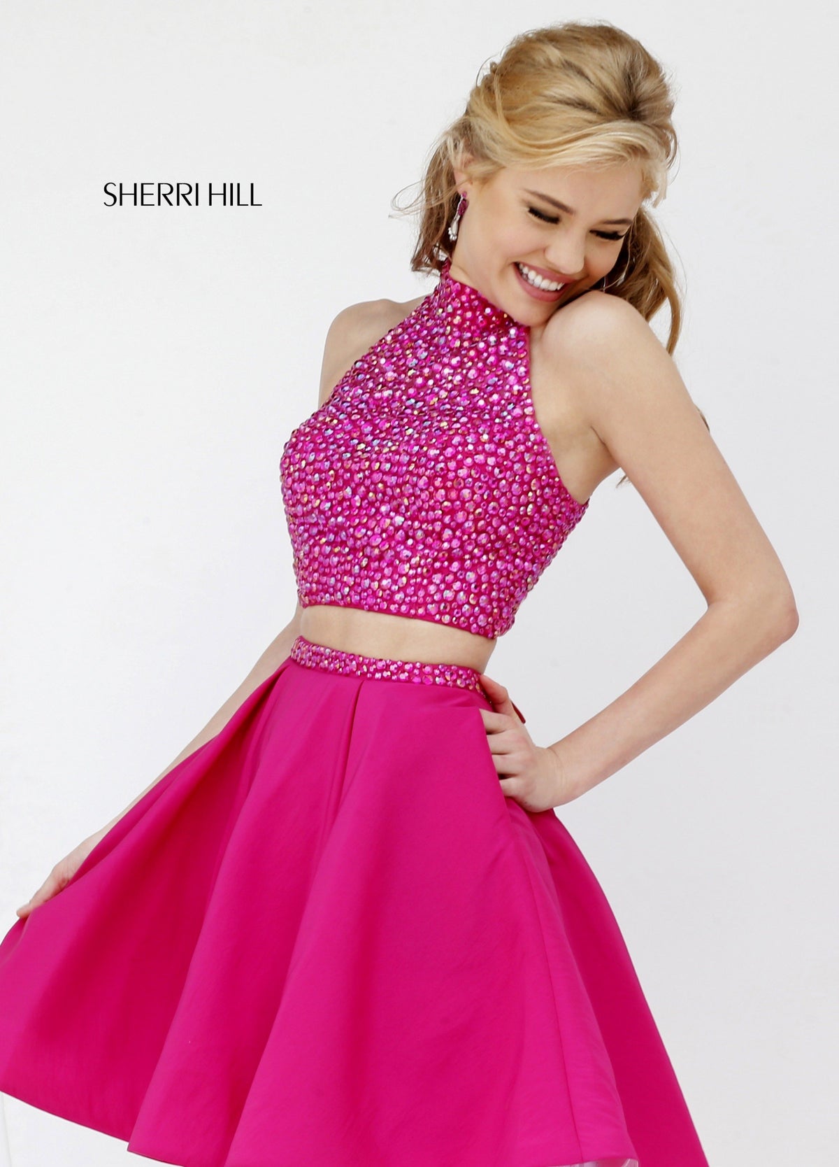 Sherri Hill 11317 two-piece beaded cocktail dress with satin skirt in fuchsia