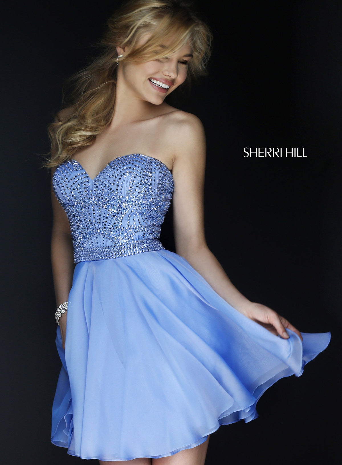 Sherri Hill 1978 strapless beaded chiffon cocktail dress