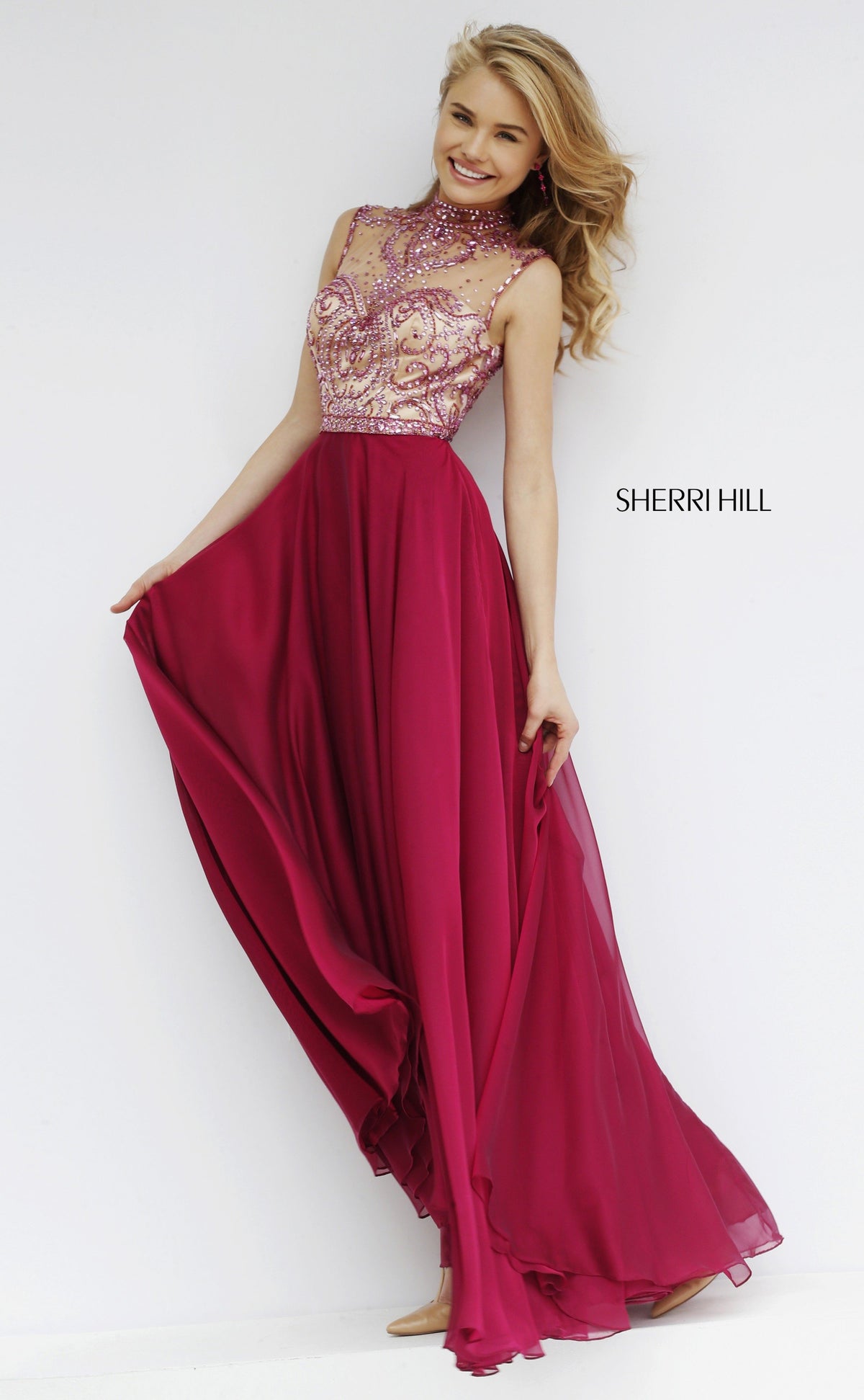 Sherri Hill 1962 high-neck beaded bodice chiffon gown