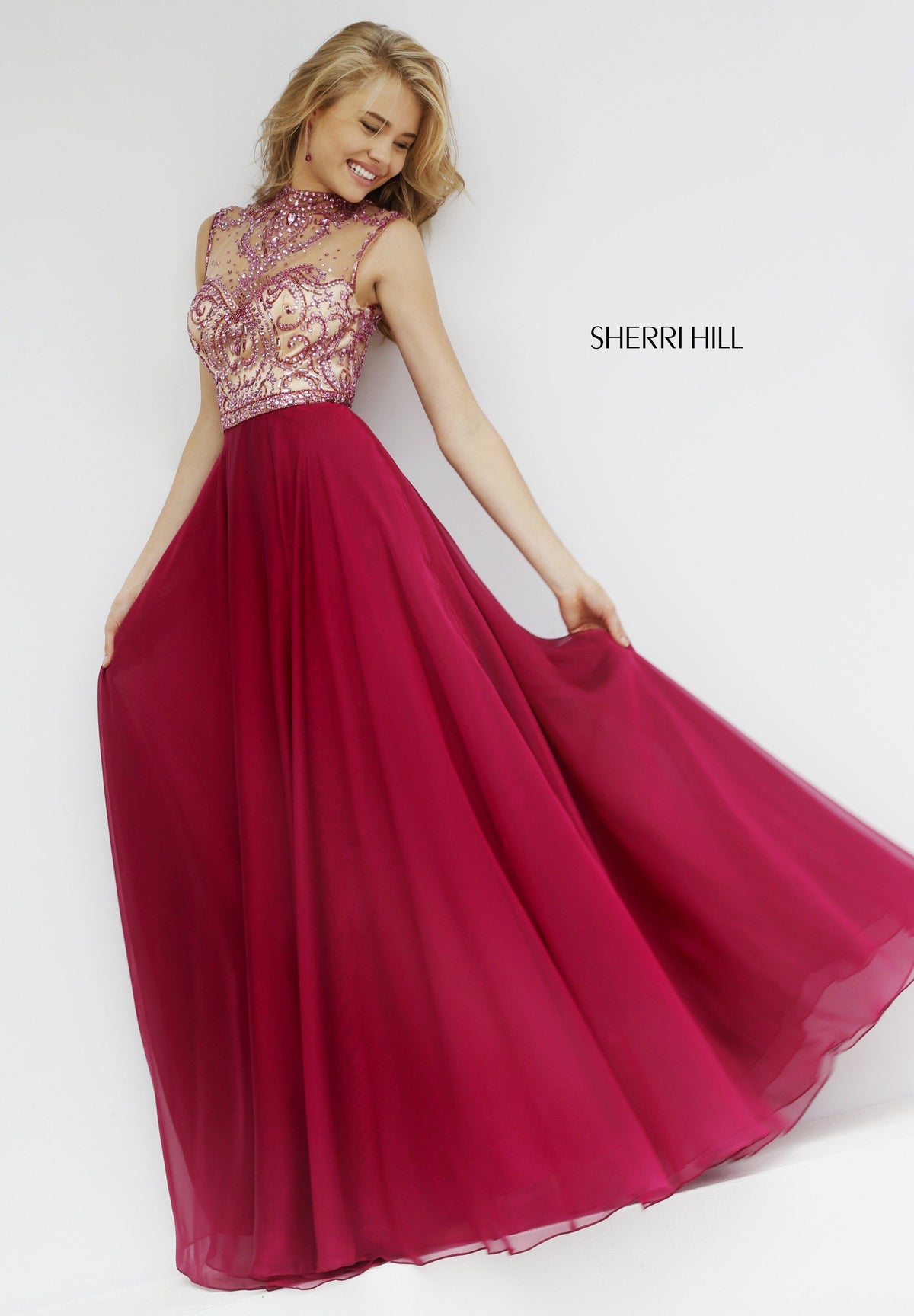 Sherri Hill 1962 high-neck beaded bodice chiffon gown
