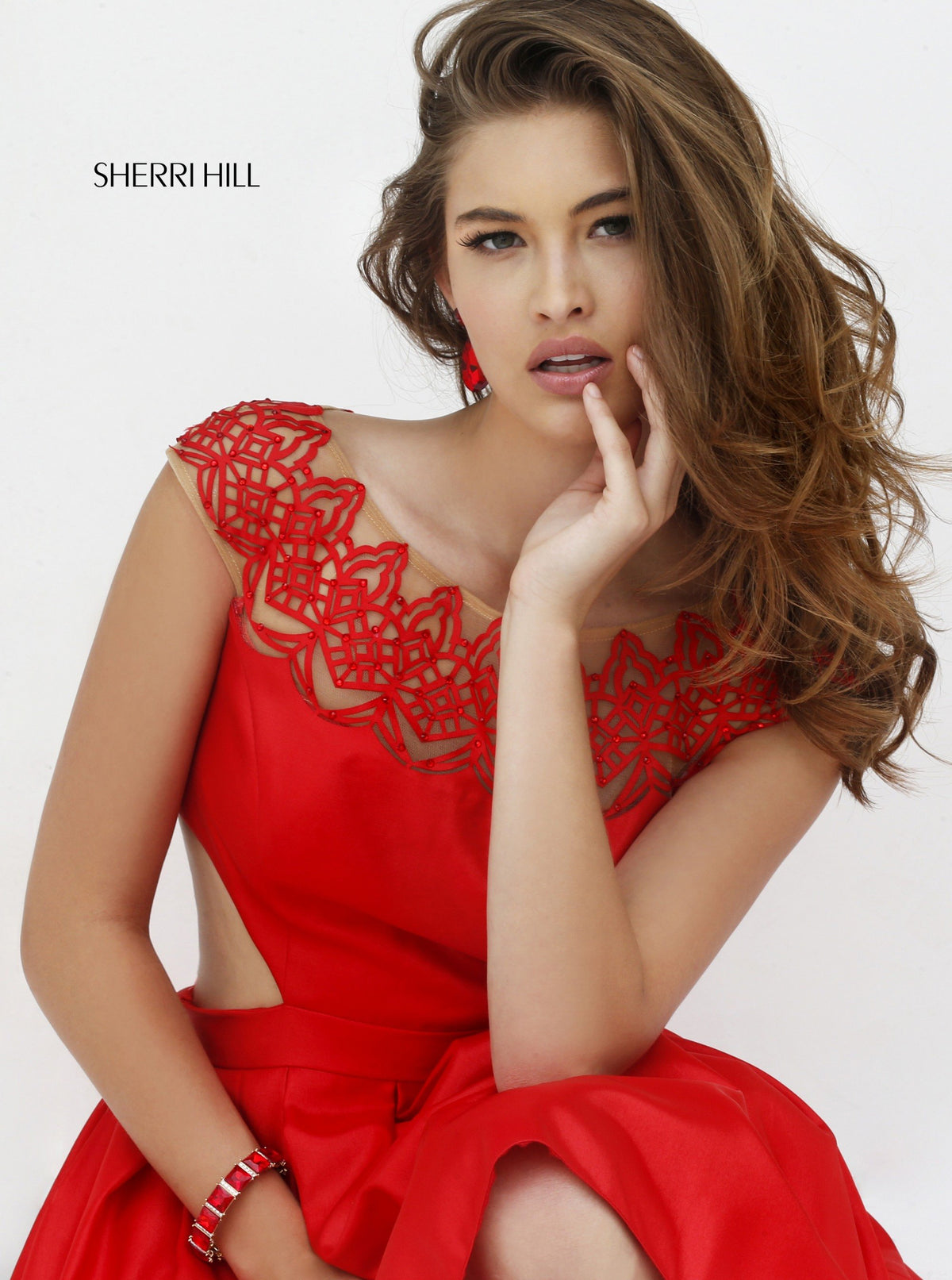 Sherri Hill 9756 lace bodice satin cocktail dress with cutouts