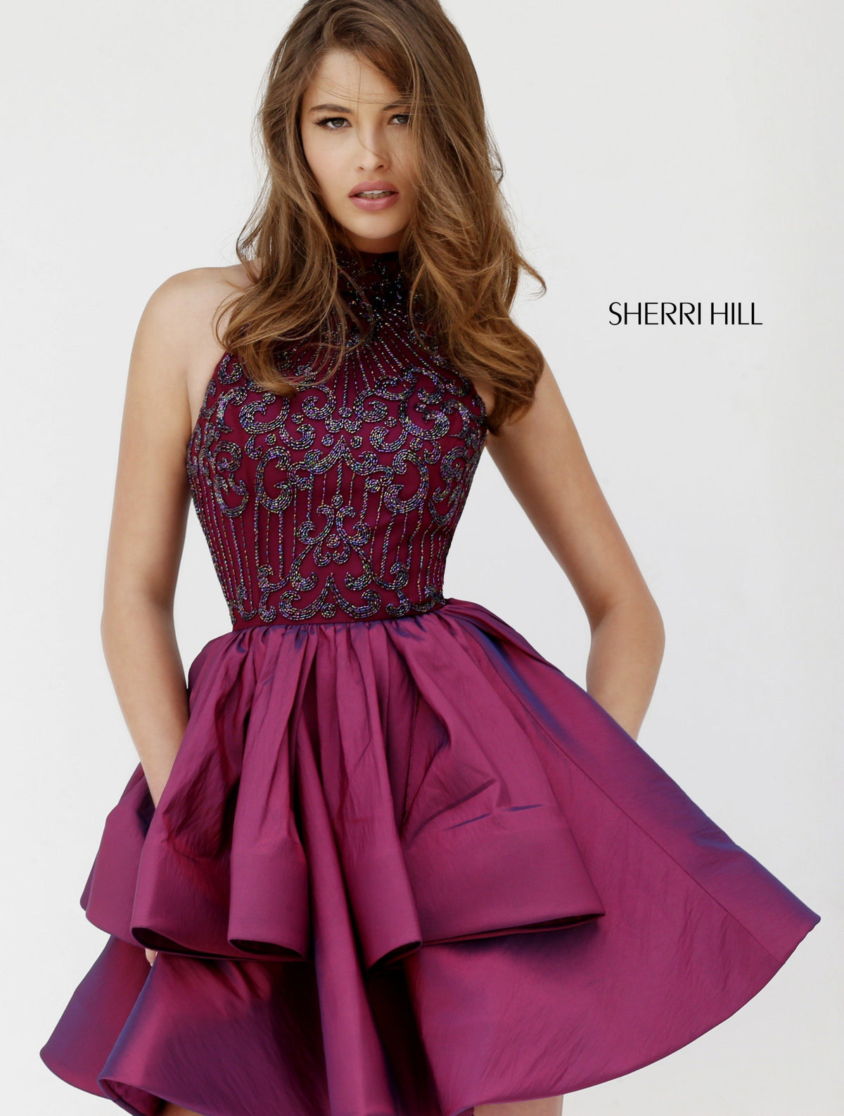 Sherri Hill 32338 bodice with ruffled taffeta cocktail skirt in plum