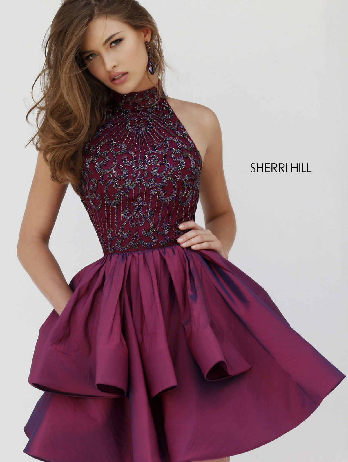 Sherri Hill 32338 bodice with ruffled taffeta cocktail skirt