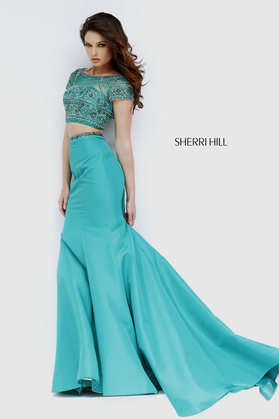 Sherri Hill style 32337 in emerald, Two-Piece Satin Mermaid Gown