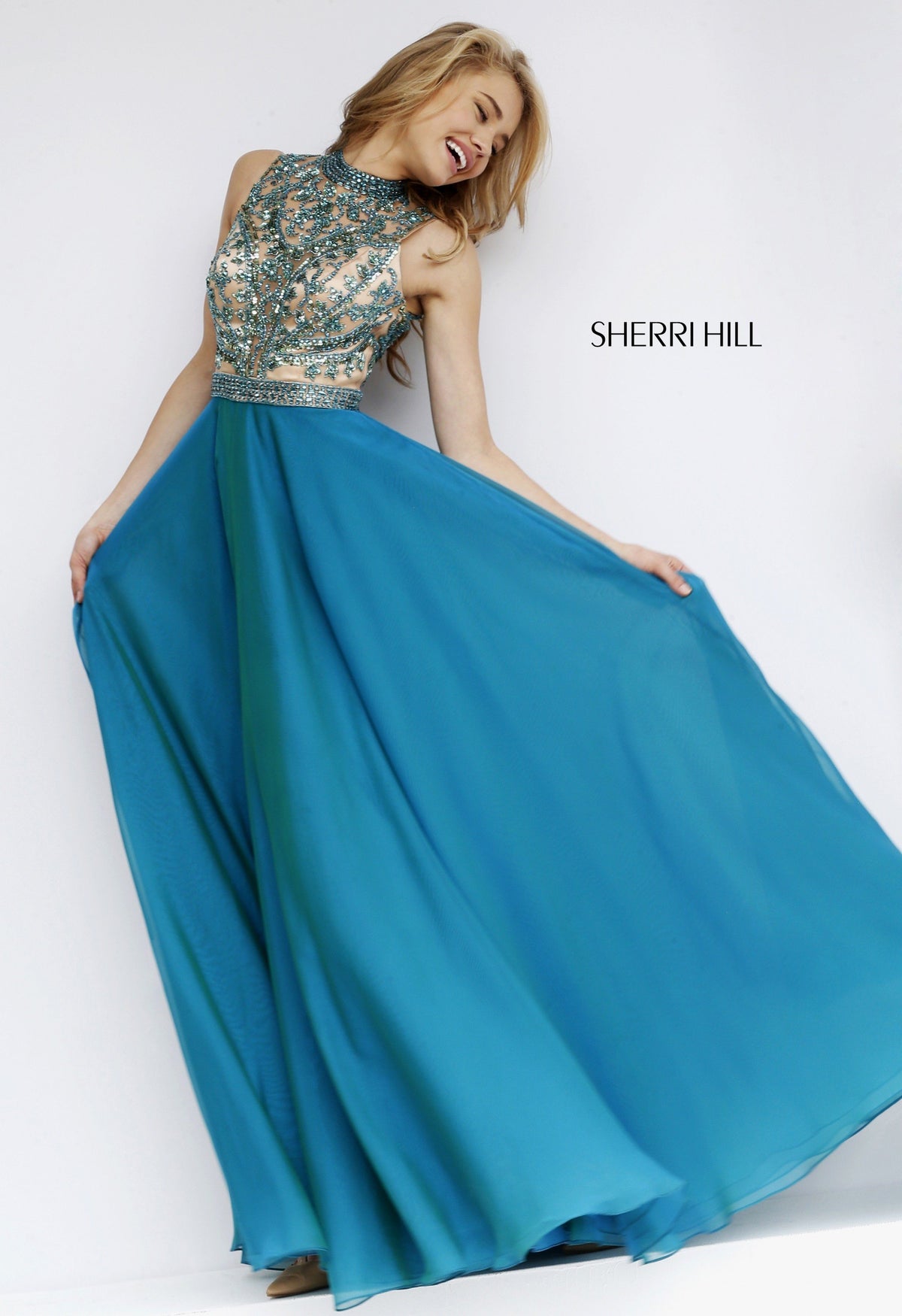 Sherri Hill 1964 high-neck beaded bodice chiffon gown
