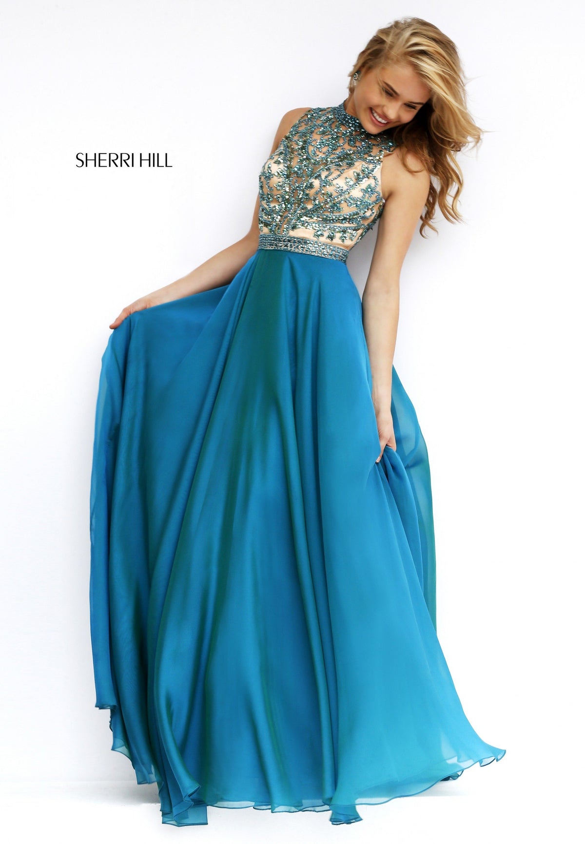 Sherri Hill 1964 high-neck beaded bodice chiffon gown in jade