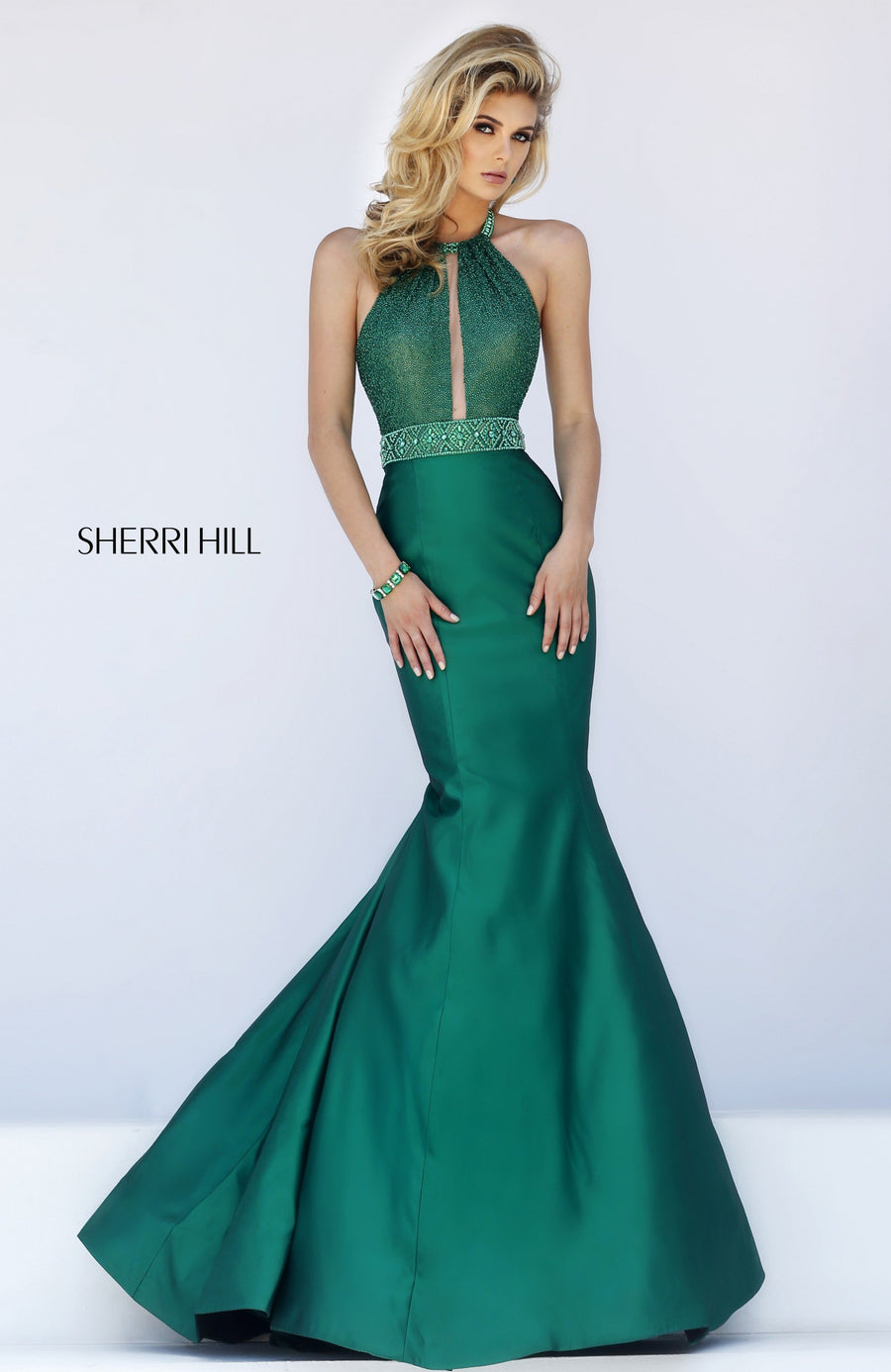 Sherri Hill style 11329 in emerald, Satin Mermaid Gown with Beaded Bodice