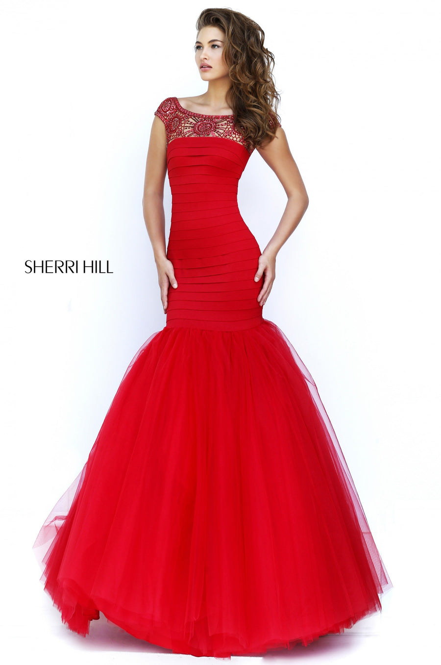 Sherri Hill style 50014 in emerald, Satin Mermaid Gown with Beaded Neckline