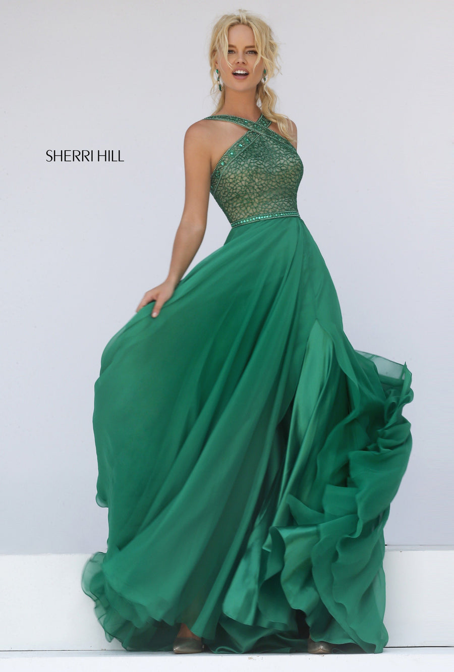 Sherri Hill style 11319 in royal, Halter Chiffon Gown with Beaded Bodice