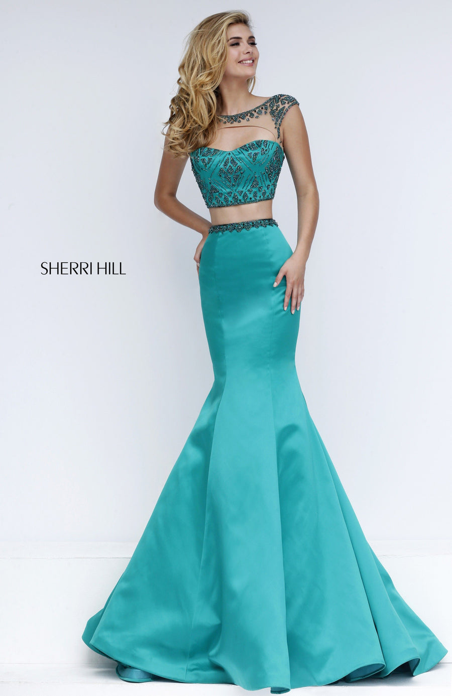 Sherri Hill style 32364 in emerald, Two-Piece Satin Mermaid Gown
