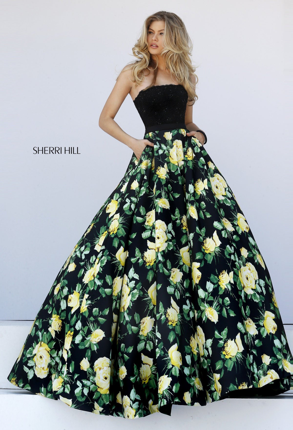 Sherri Hill 50036 strapless floral print ball gown in black print