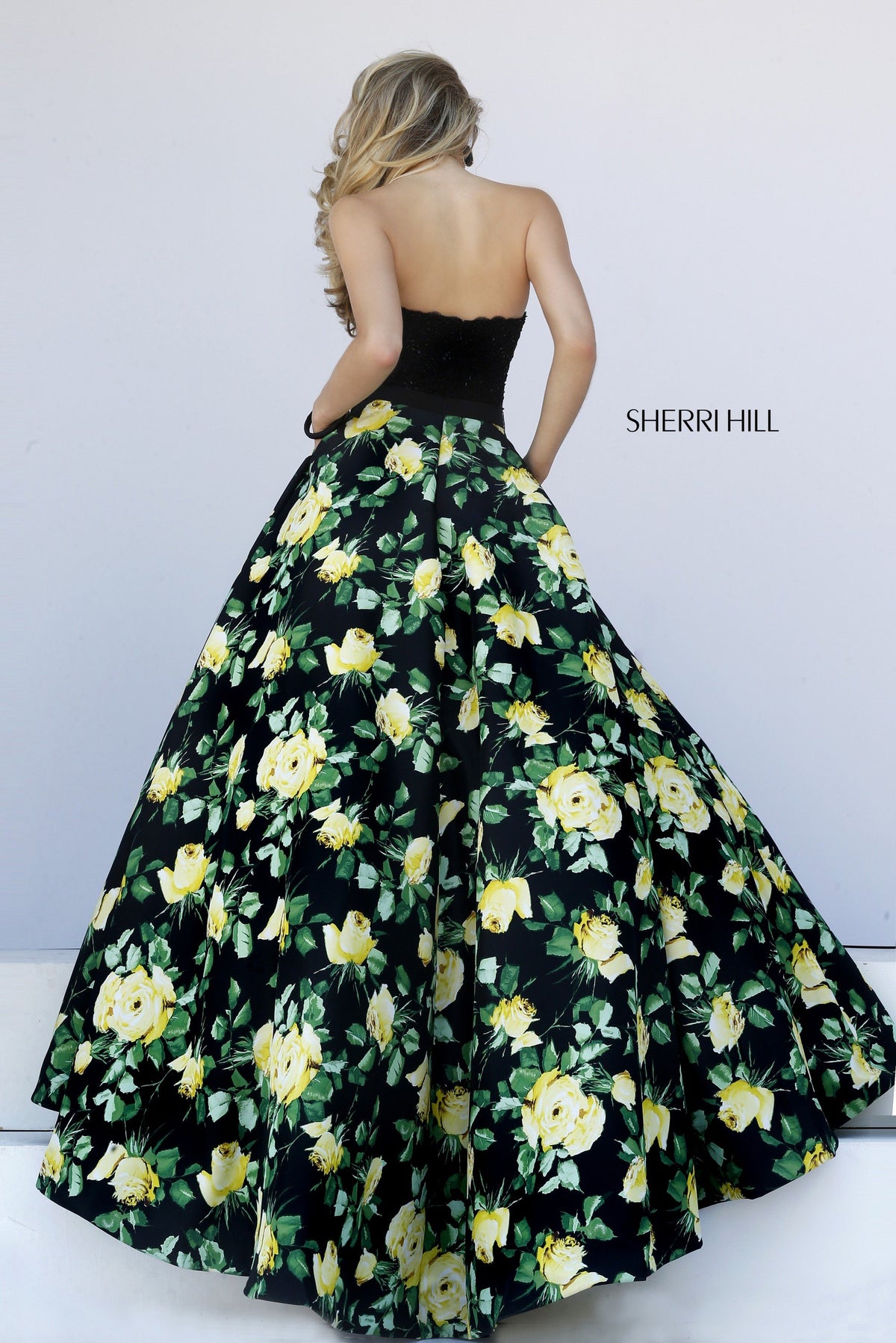 Sherri Hill 50036 strapless floral print ball gown in black print