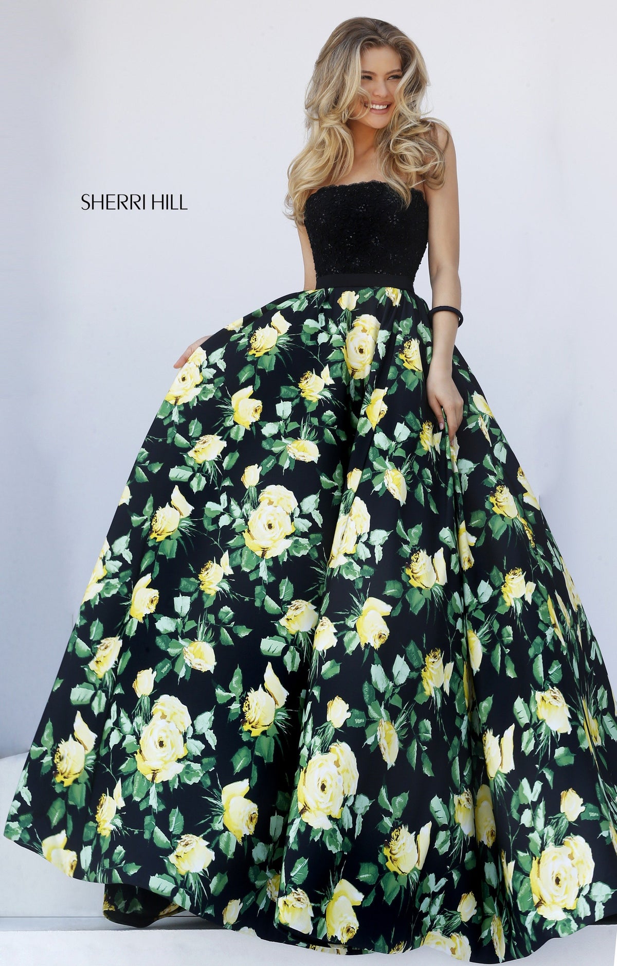Sherri Hill 50036 strapless floral print ball gown in black print