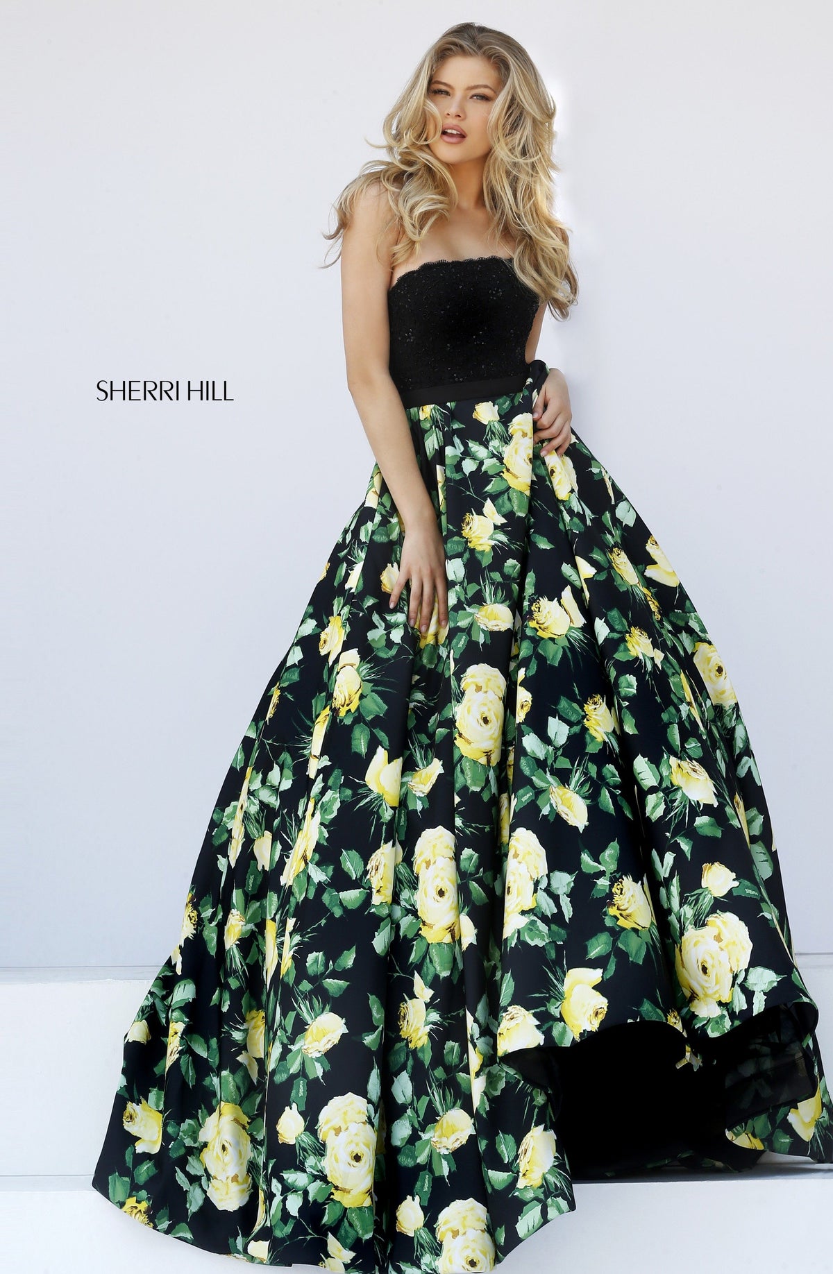 Sherri Hill 50036 strapless floral print ball gown in black print