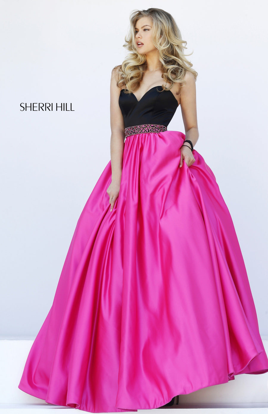 Sherri Hill style 32324 in black/fuchsia, V-Neck Satin Ball Gown with Beaded Bodice