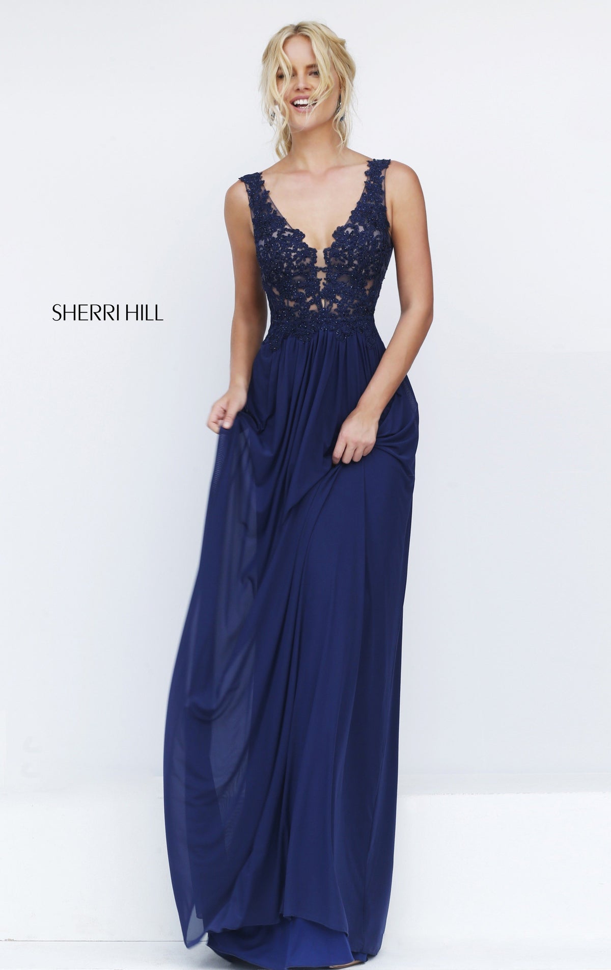 Sherri Hill 50255 V-neck lace bodice chiffon gown in navy