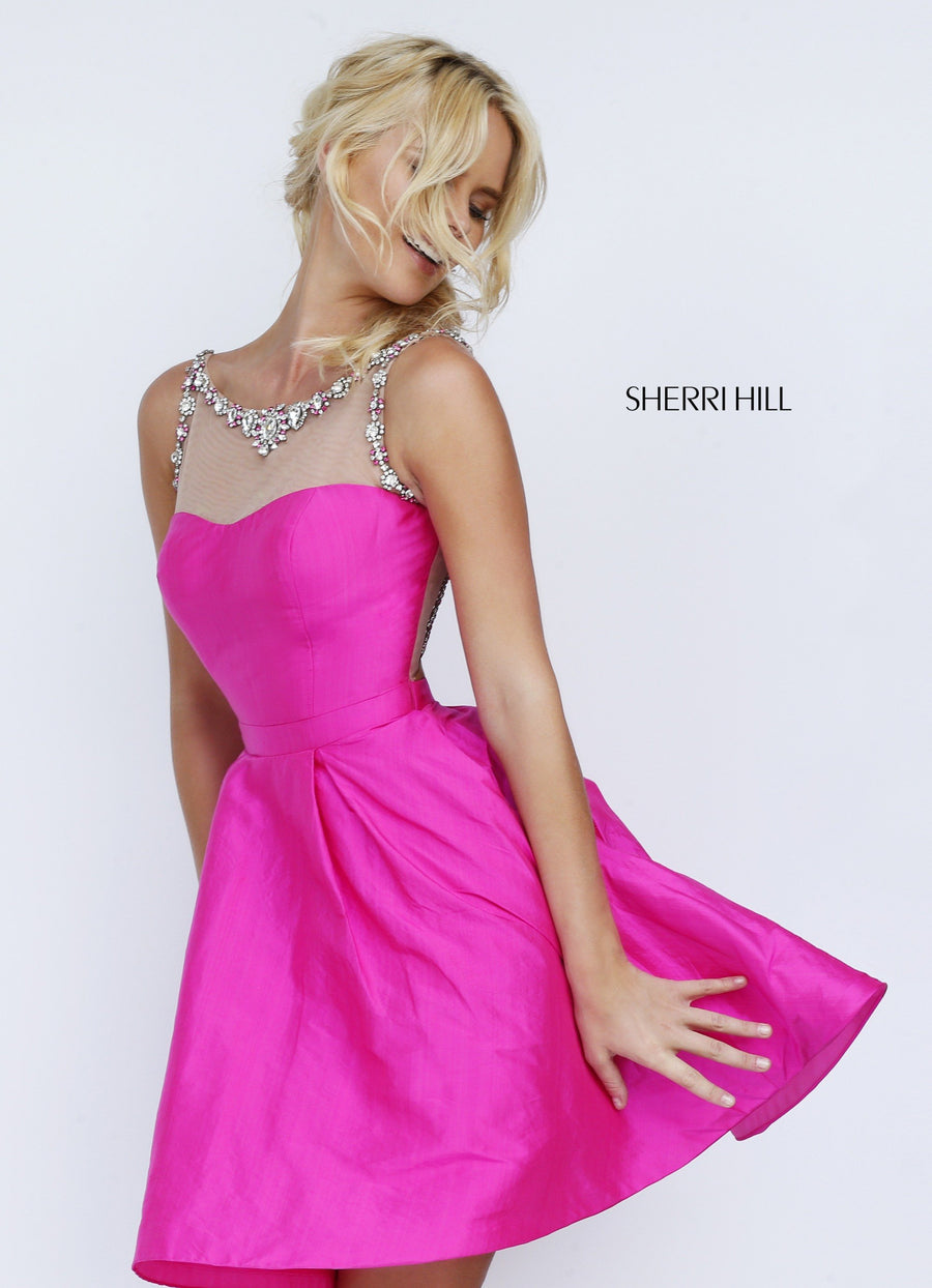 Sherri Hill style 50066 in fuchsia, Satin Cocktail Dress with Beaded Neckline