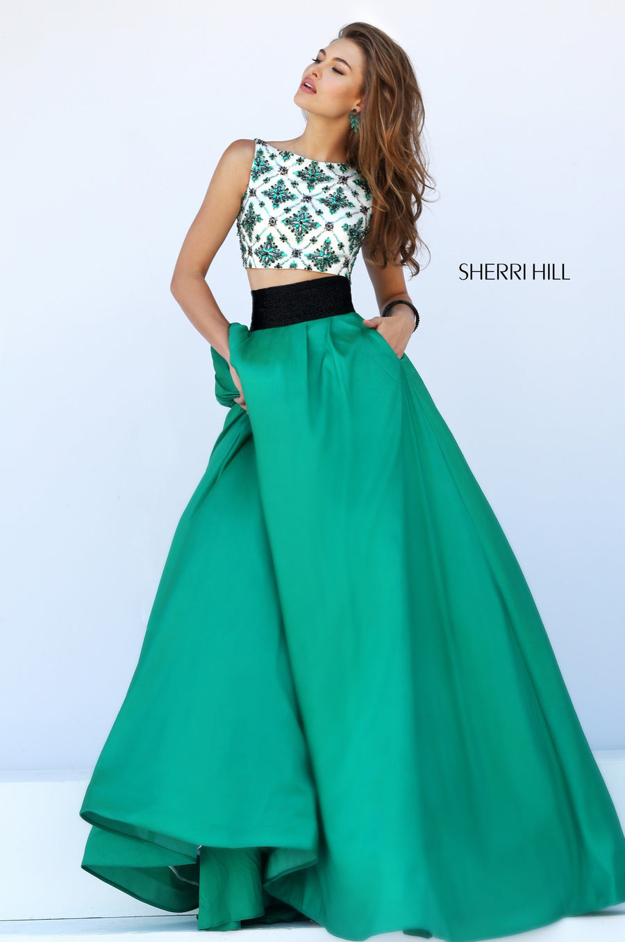 Sherri Hill style 50107 in ivory/fuchsia, Two-Piece Satin Ball Gown